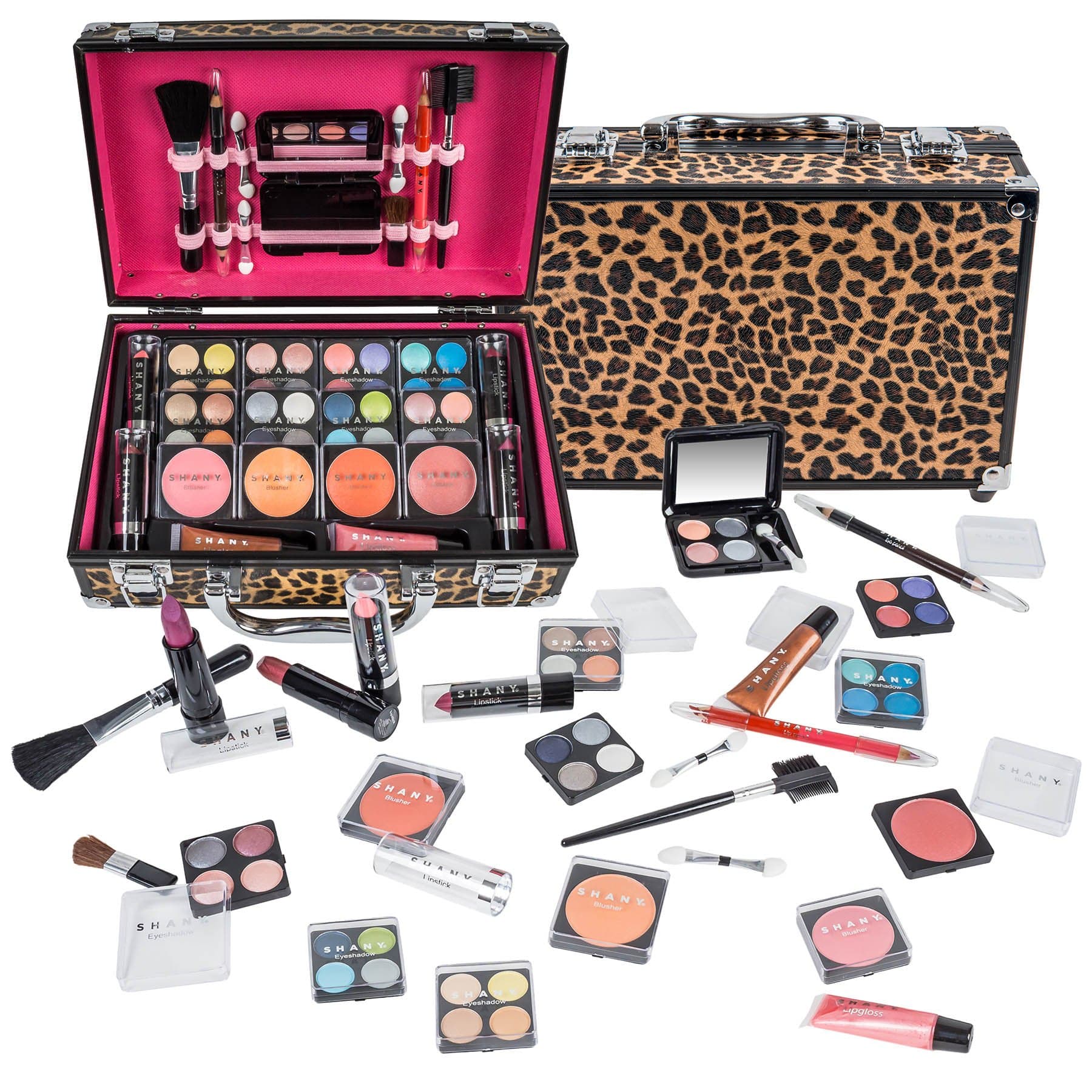 SHANY Carry All Make up Train Case with Pro Makeup Set, Beauty Brushes, Lipsticks, Eye Shadows, Blushes, Powders, and more - Reusable Cosmetics Storage Organizer - Premium Gift Packaging - Leopard