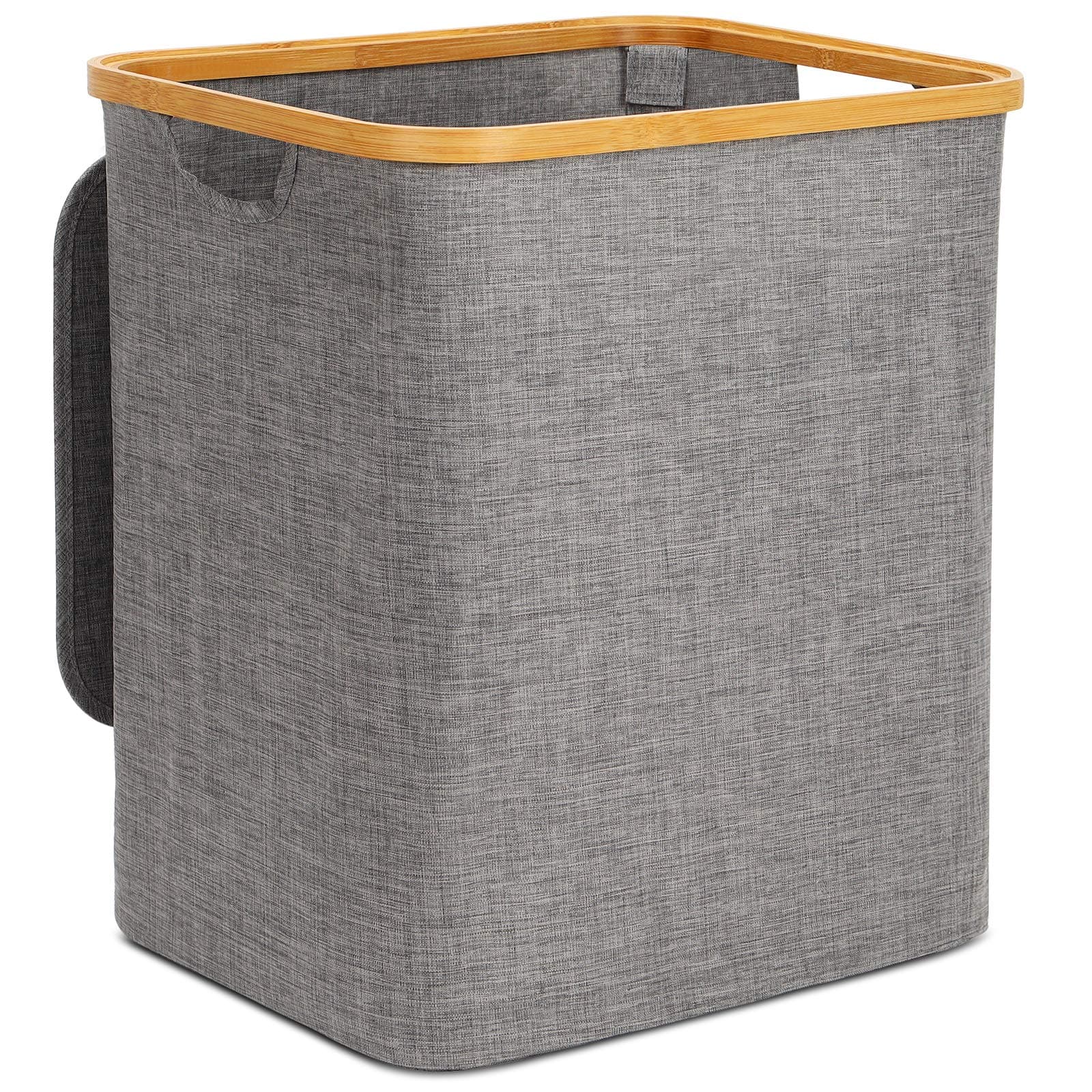 Laundry Basket, Collapsible Linen Laundry Hamper with Lid, Grey Large Laundry Baskets, Cloth Hampers for Laundry, Washing Basket with Bamboo Handles for Bathroom Bedroom (13x15.9x17.7 inch)