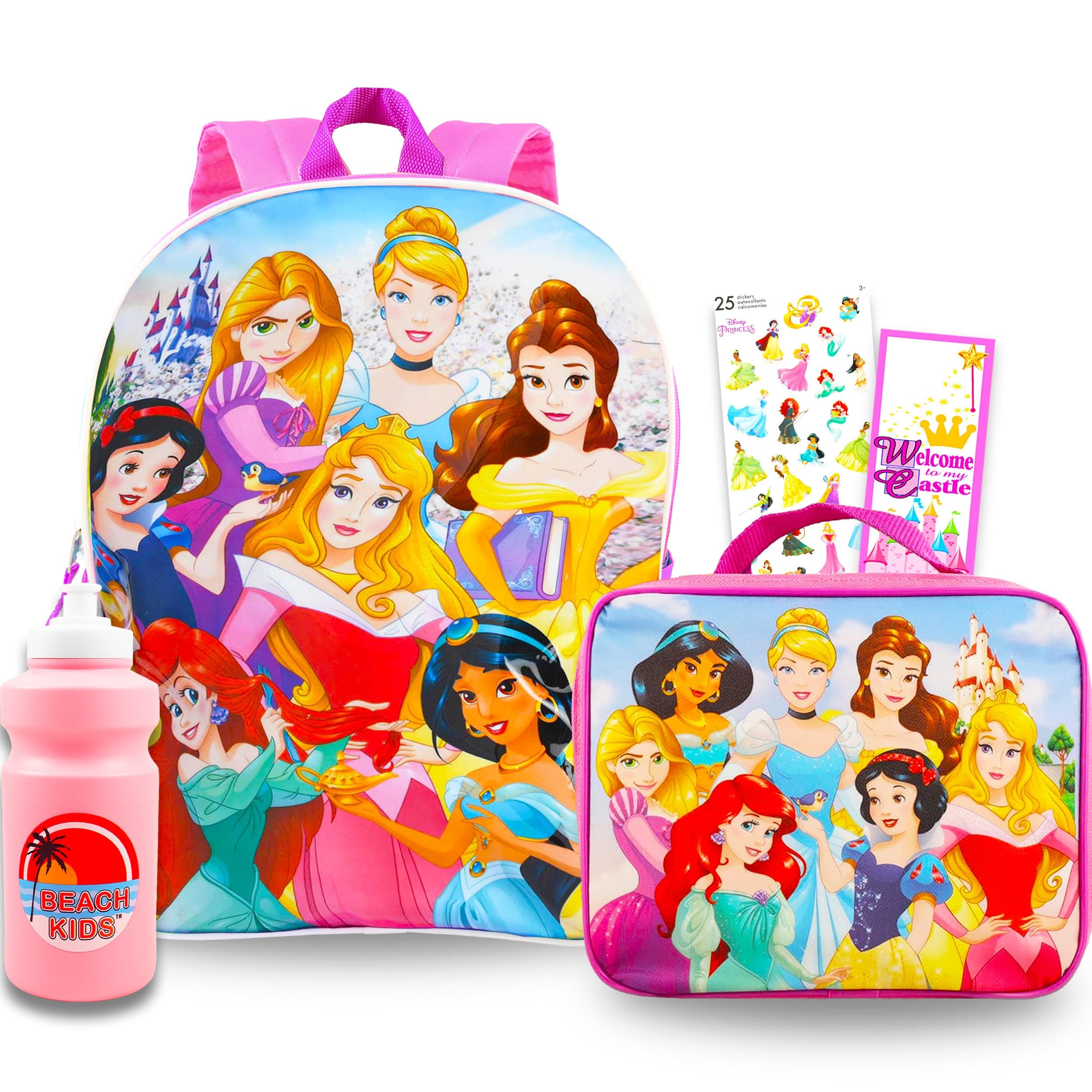 Disney Princess Backpack and Lunch Box Set - Bundle with 16" Princess Backpack, Disney Princess Lunch Bag, Water Bottle, Princess Stickers, More | Princess Backpack for Girls