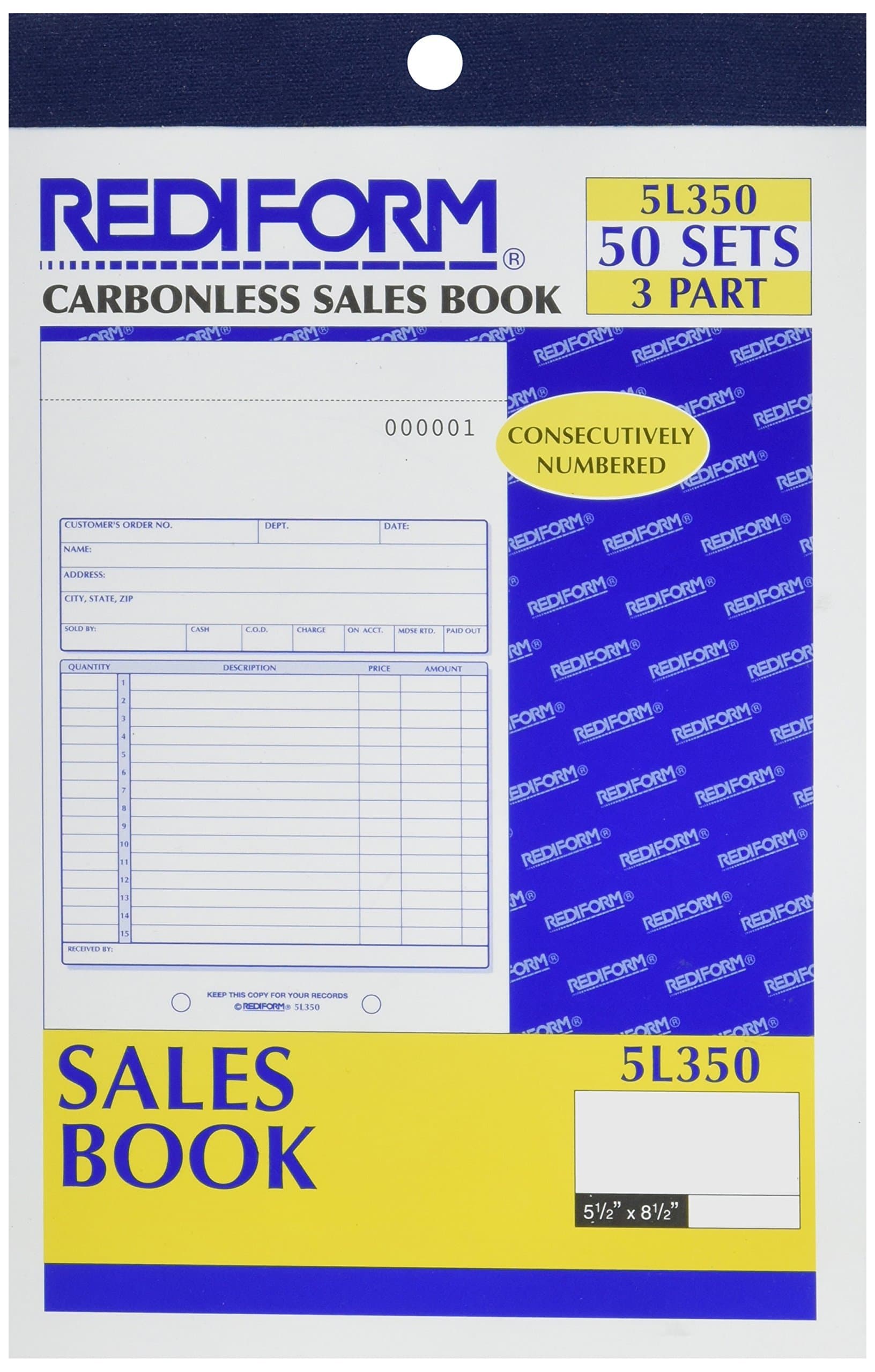 Rediform Sales Order Book, Manifold Cover, Carbonless Triplicate Forms, 5.5" x 8", 50 Numbered Sets (5L350)