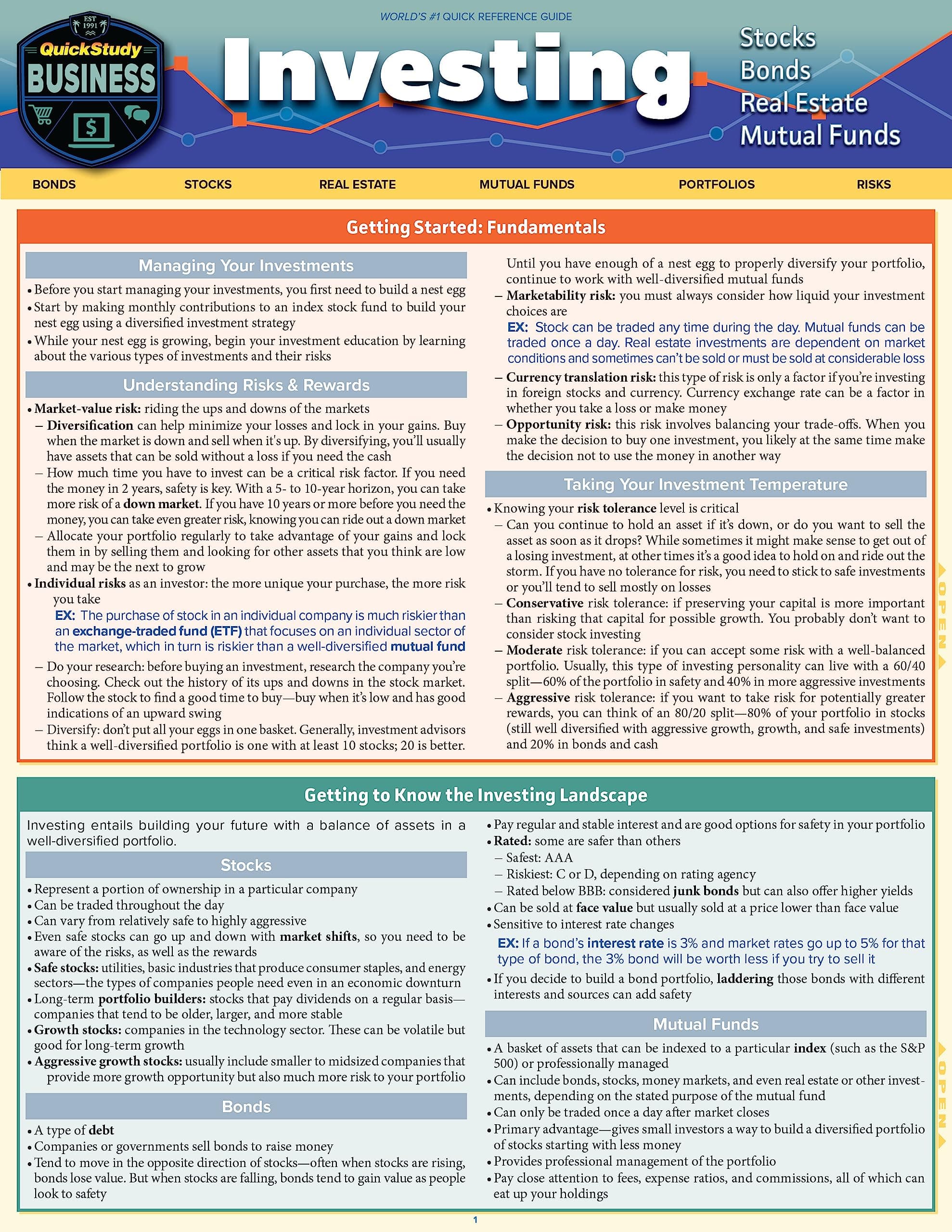 Investing - Stocks, Bonds, Real Estate, Mutual Funds: Quickstudy Laminated Reference Guide