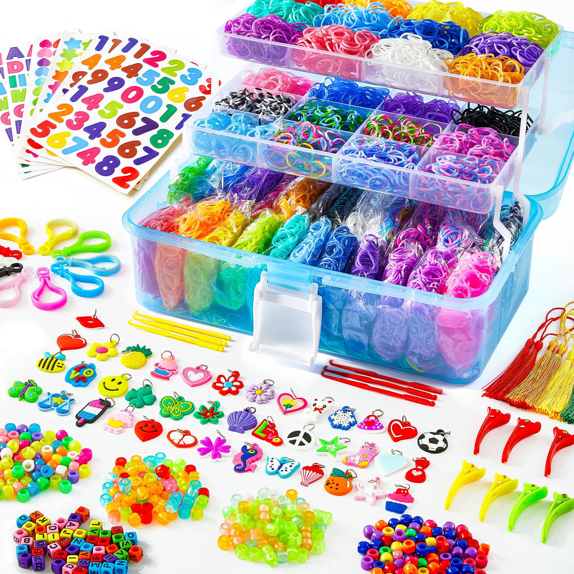 INSCRAFT 17500+ Rubber Loom Bands with 3 Layer Blue Container, 28 Colors, 600 S-Clips, 352 Beads, 40 Cartoon Pendant, Bracelet Making Refill Kit for Kids