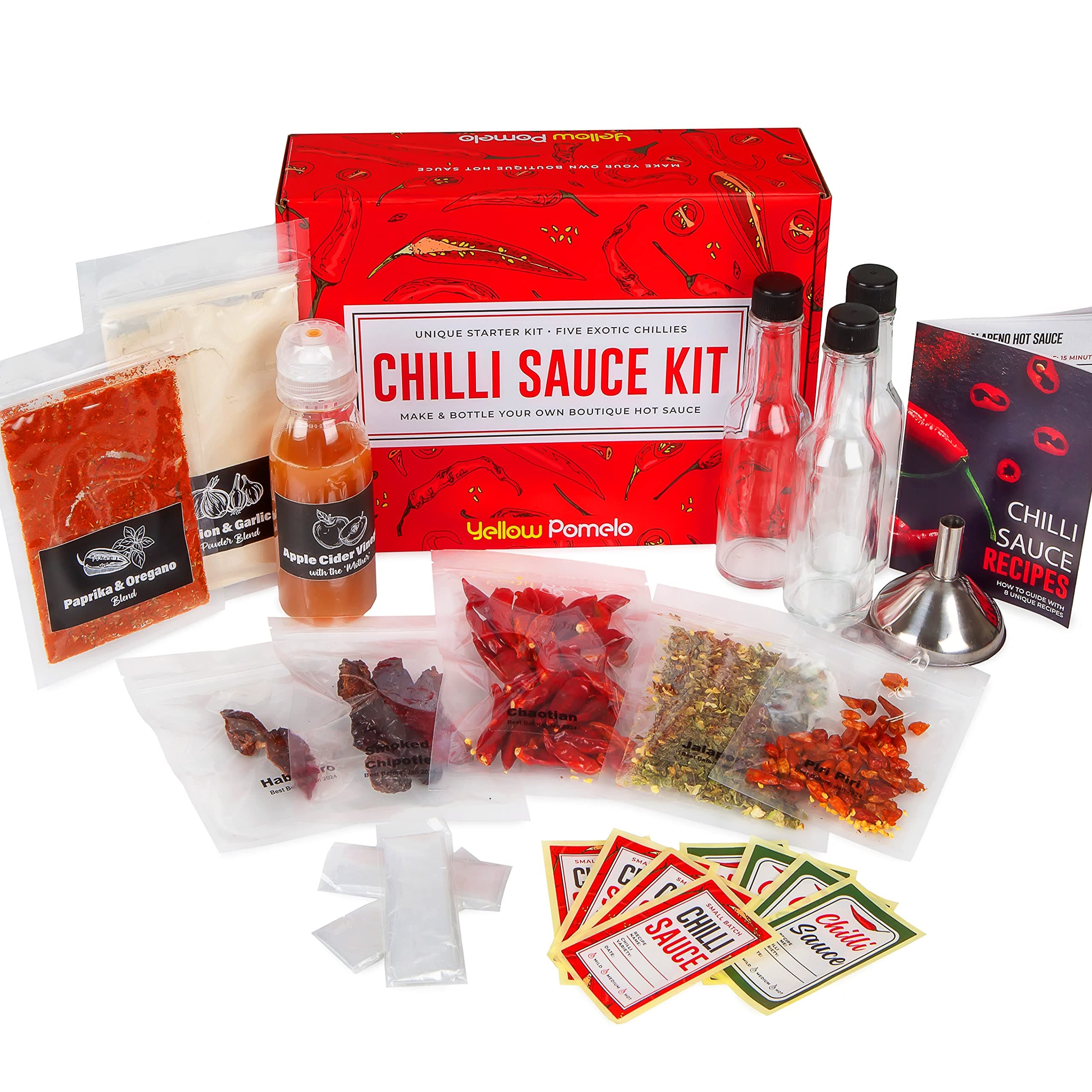 Chilli Sauce Making Kit – 23 Piece Make Your Own Hot Sauce Kit with 5 Dried Chili Peppers, Spices, Apple Cider Vinegar, Glass Bottles, Labels & More – Great Gift for Spice Lovers