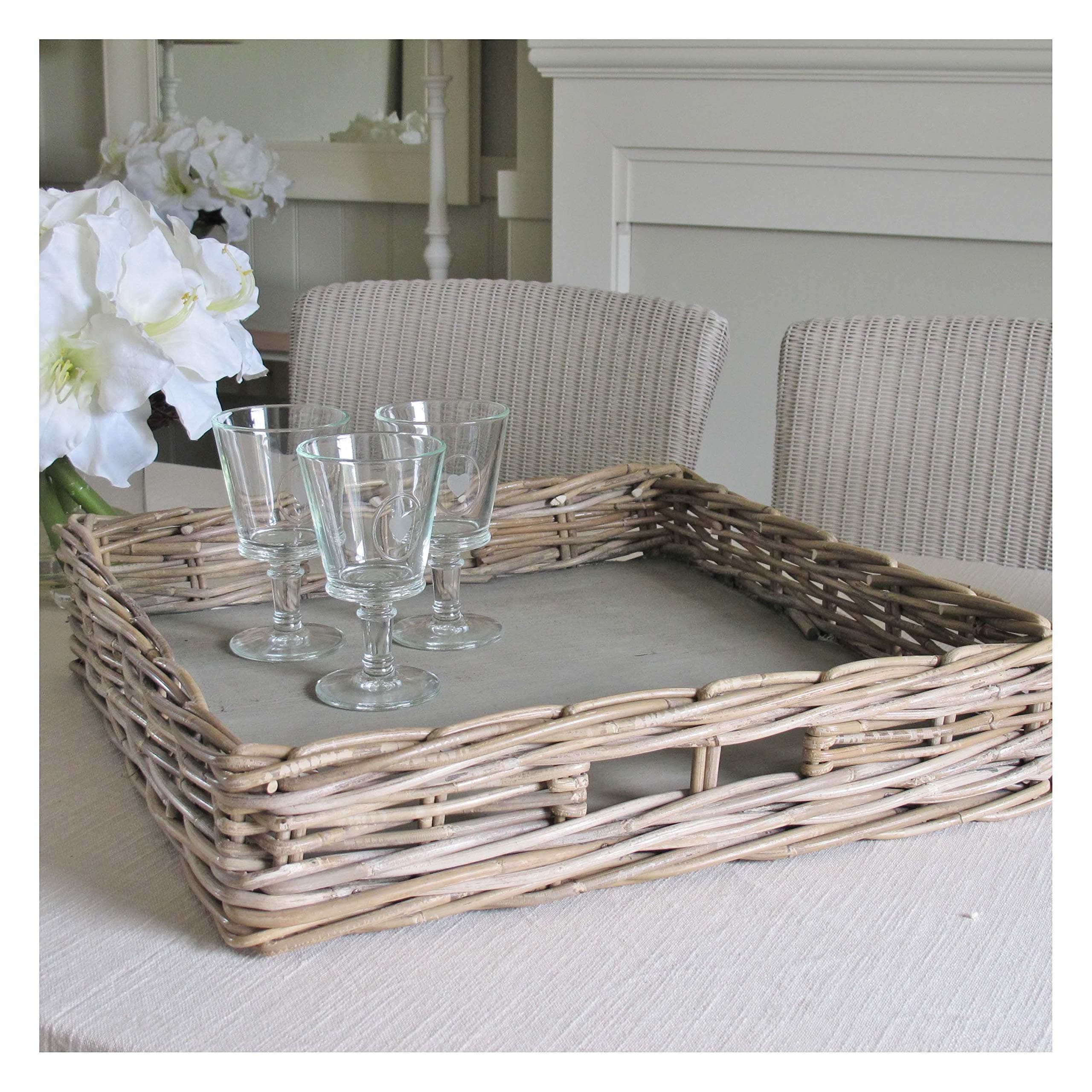 Large Square Wicker Tray Grey and Buff Rattan