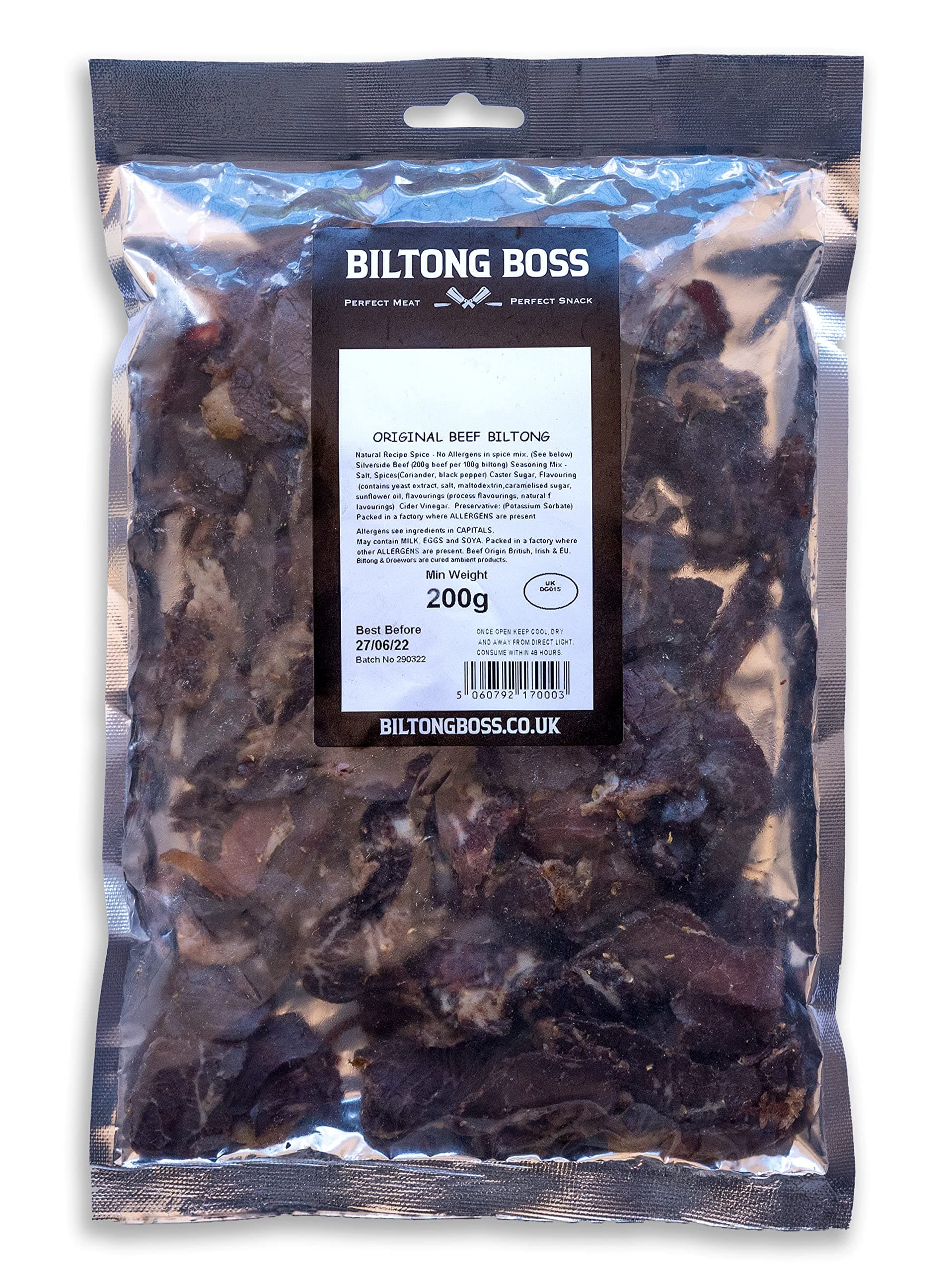 Biltong Boss Original Boss Beef Premium Authentic ,High Protein Ready To Eat Healthy Snack,Suitable For Gluten-Free,Paleo,Keto,Atkins Diets & Post-Workout,Low Sugar,Carbohydrates,200g,Packaging Vary