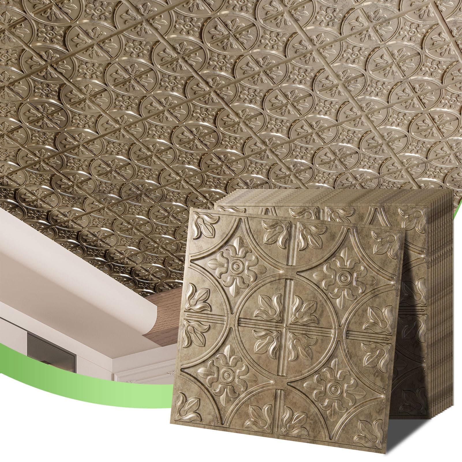 Art3d Pack of 12 Drop Ceiling Tiles 2x2, Glue-up Ceiling Panel, Suspended Ceilings Tiles Fancy Classic Style Antique Gold