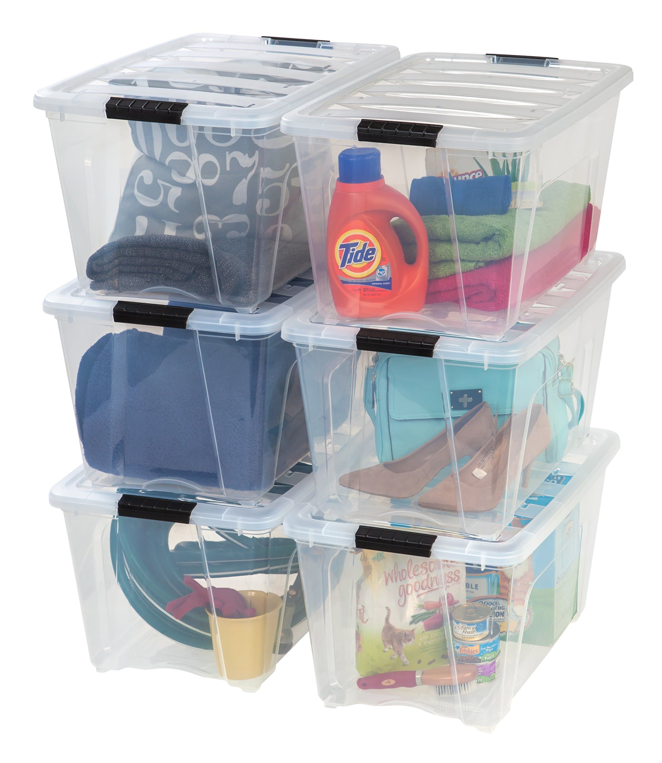 54 Qt Stackable Plastic Storage Bins with Lids, 6 Pack - BPA-Free, Made in USA - See-Through Organizing Solution, Latches, Durable Nestable Containers, Secure Pull Handle - Clear