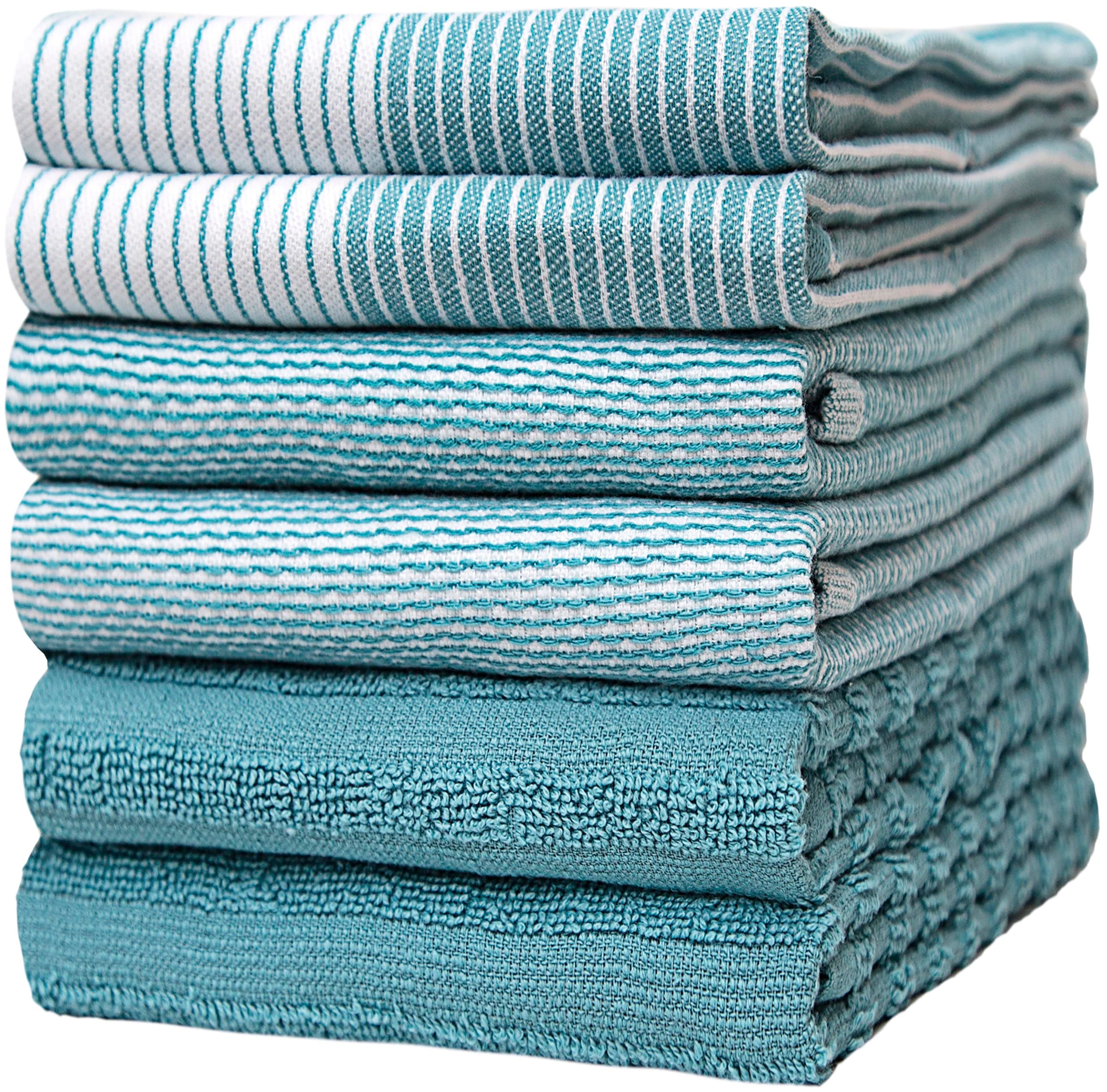 Premium Kitchen Towels (20”x 28”, 6 Pack) | Large Cotton Dish Towels | Flat & Terry Highly Absorbent Kitchen Linen Set with Hanging Loop | Aqua