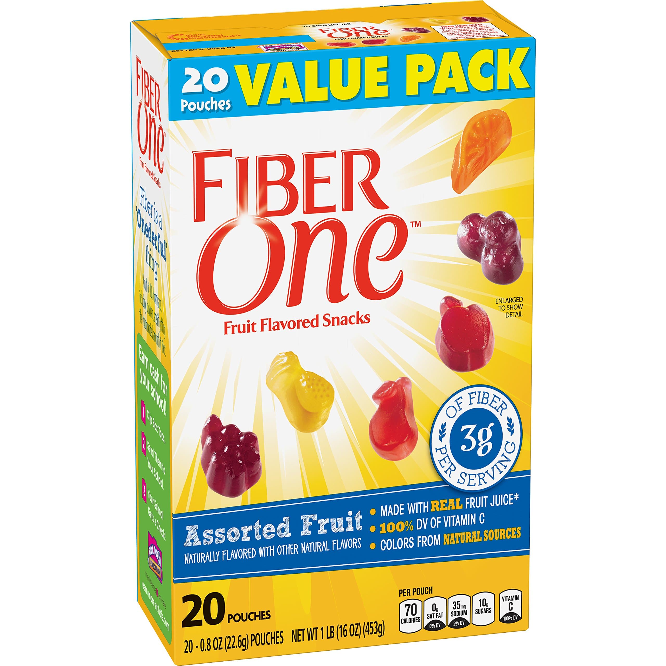 Fiber One Fruit Snacks, Assorted Fruit Gluten Free Snacks, Value Pack, 20 Pouches, 0.8 oz Each