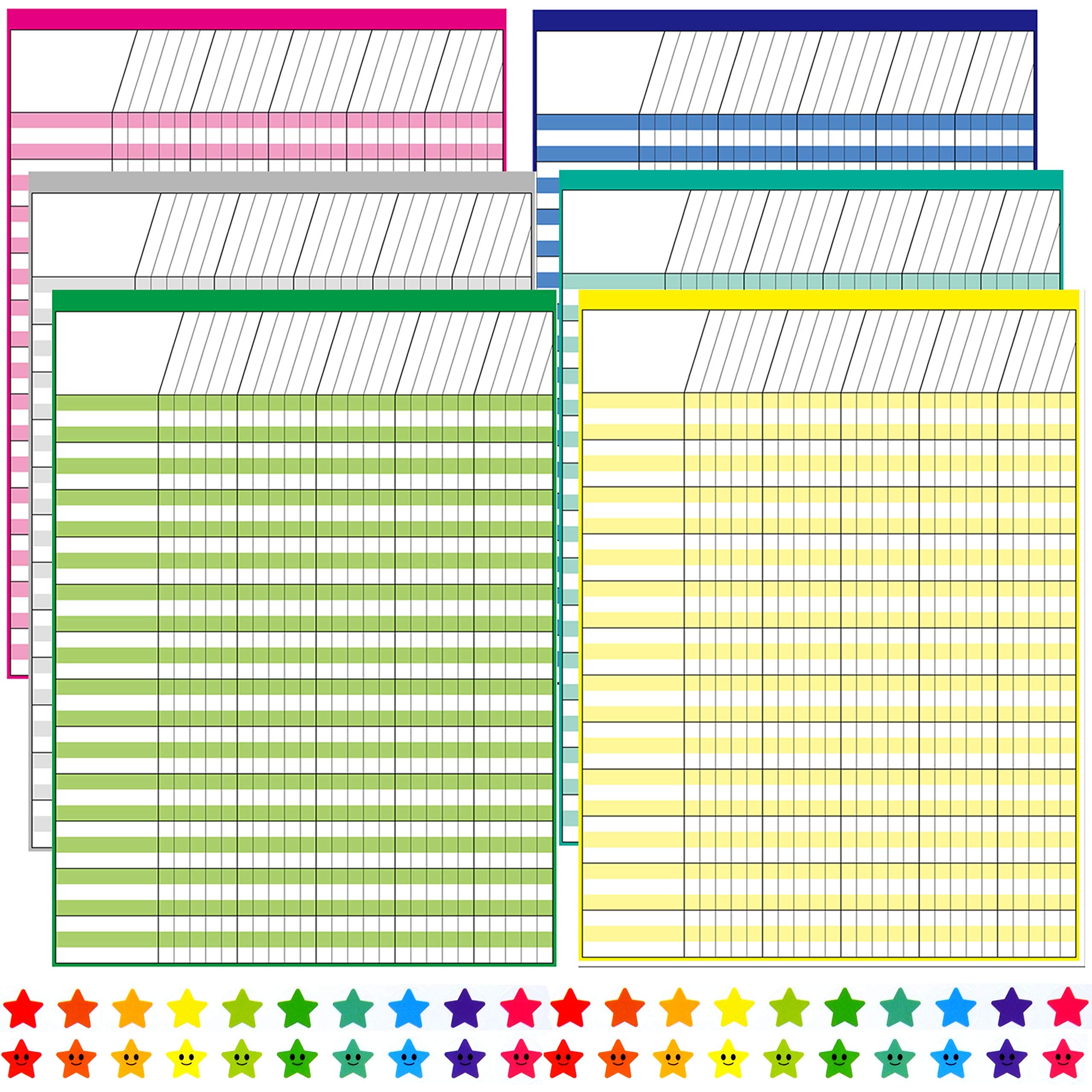 6 Pack Multi-Color Laminated Dry Erase Incentive Chart with 120 Reward Star Stickers for Chore Responsibility, School Attendance, Homework Progress Tracking Chart (17 Inch x 22 Inch)
