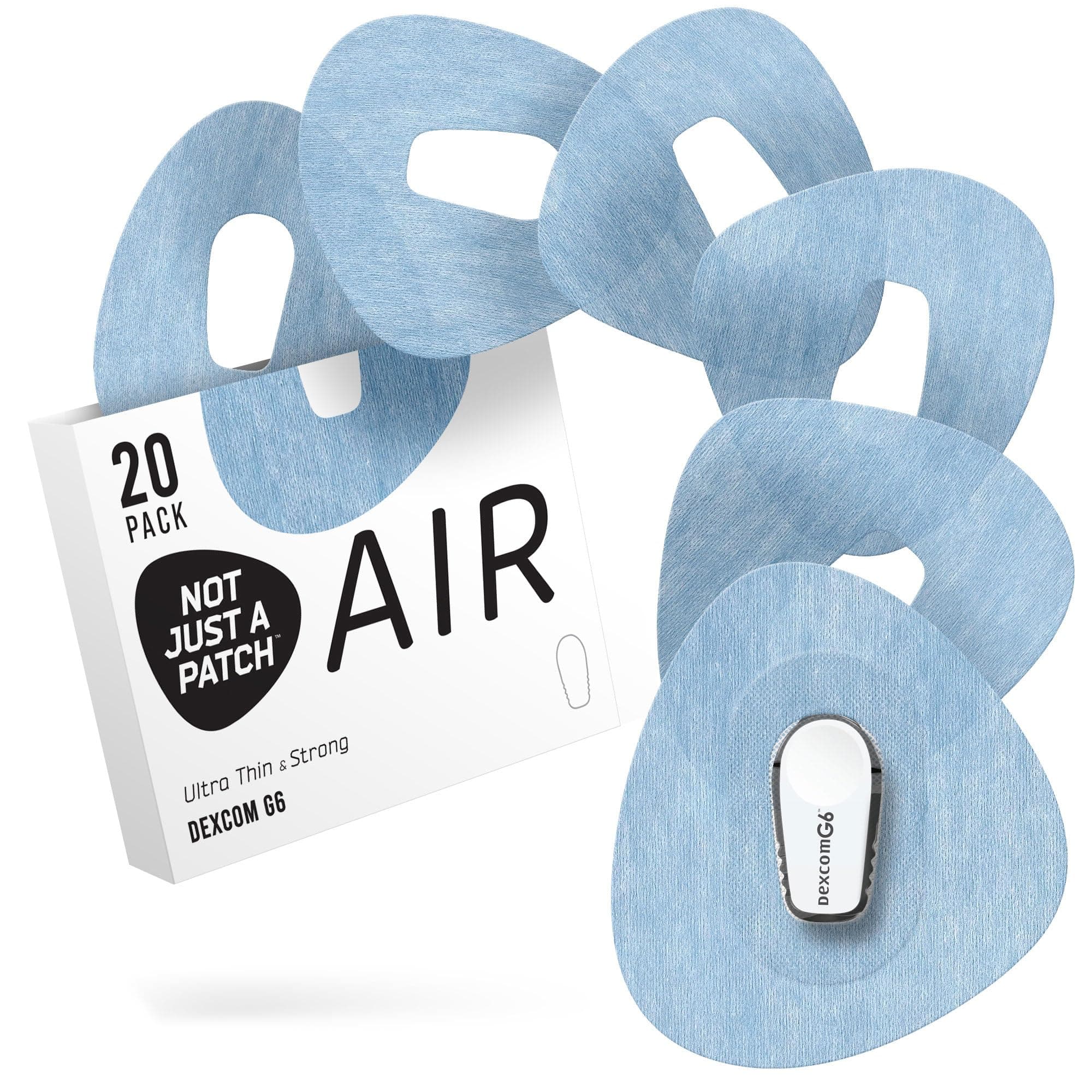 Not Just A Patch Air (20 Pack) - CGM Dexcom G6 Adhesive Patches with Hole -Thin, Strong and Light, 14 Day Adhesion, Durable Skin Grip Dexcom Patches G6 Sensor Protectors in Blue