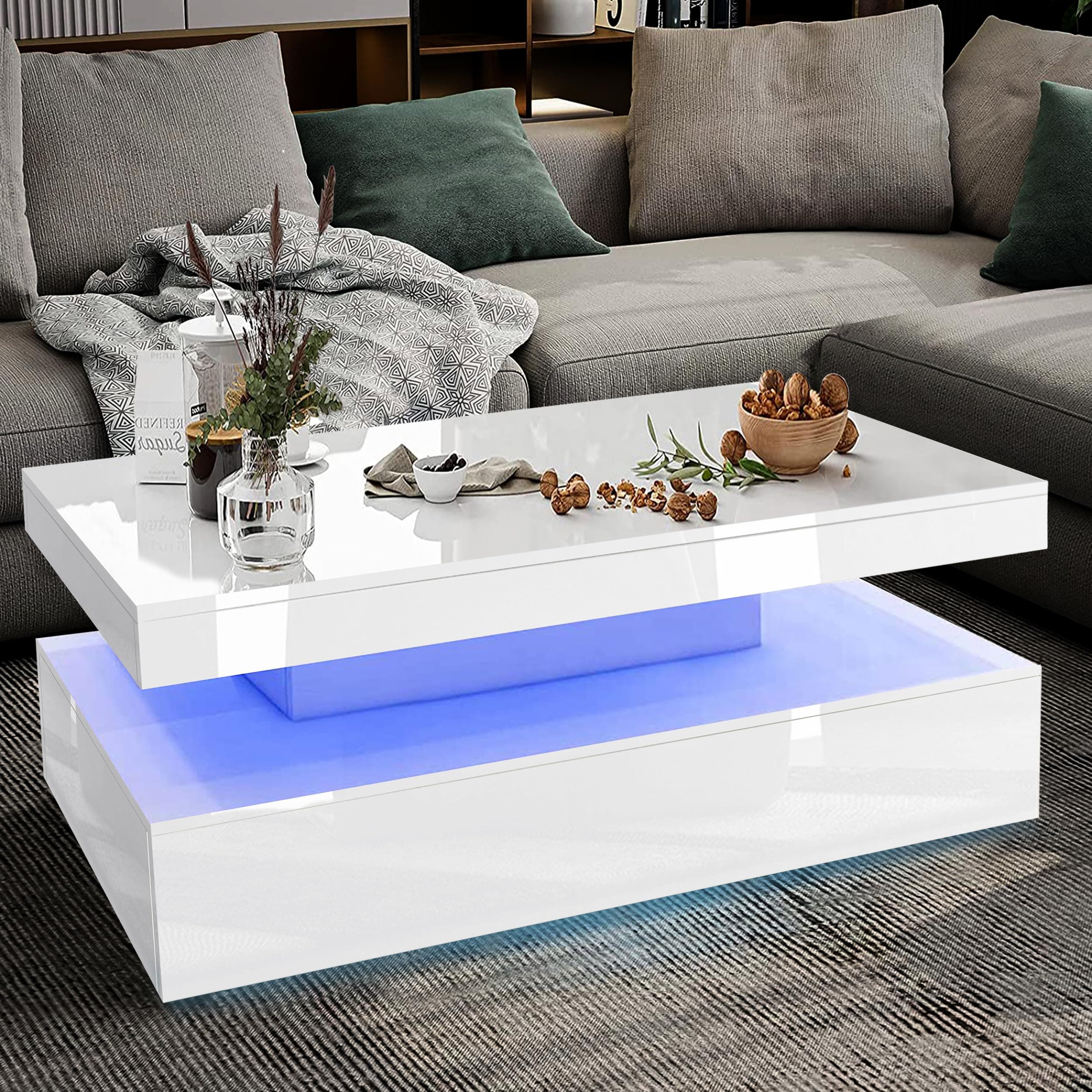 Coffee Table for Living Room White High Gloss Coffee Tables Sofa Side Table Wooden Centre Tea Table with LED RGB Lights 2 Drawer Storage Rectangle Coffee End Table for Home Office Furniture