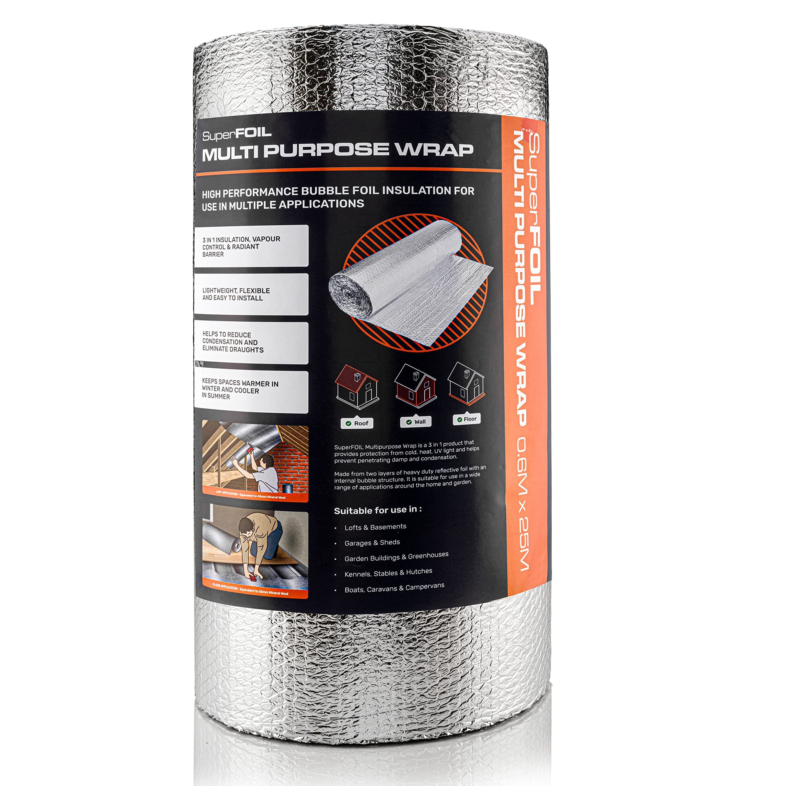 SuperFOIL Foil Insulation Roll - Energy Saving DIY Bubble Foil Sheet - 3-in-1 Sustainable Thermal Insulation Reflective Radiant Barrier & Vapour Barrier (Silver, 0.6m x 25m)