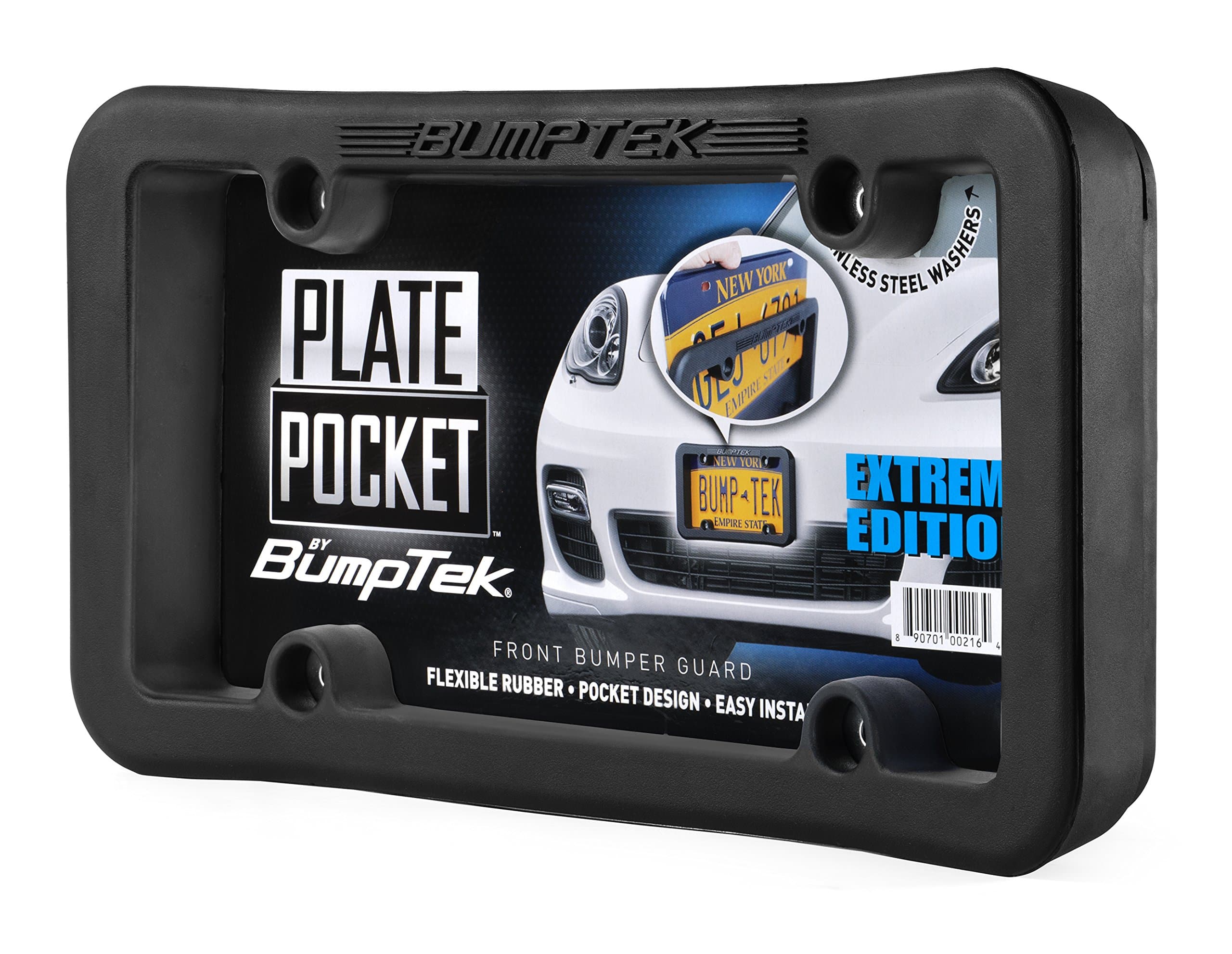 Plate Pocket by BumpTek - Flexible Rubber Front Bumper Guard, Front Bumper Protection, License Plate Frame. Cushions Parking Bumps! (Extreme Edition)