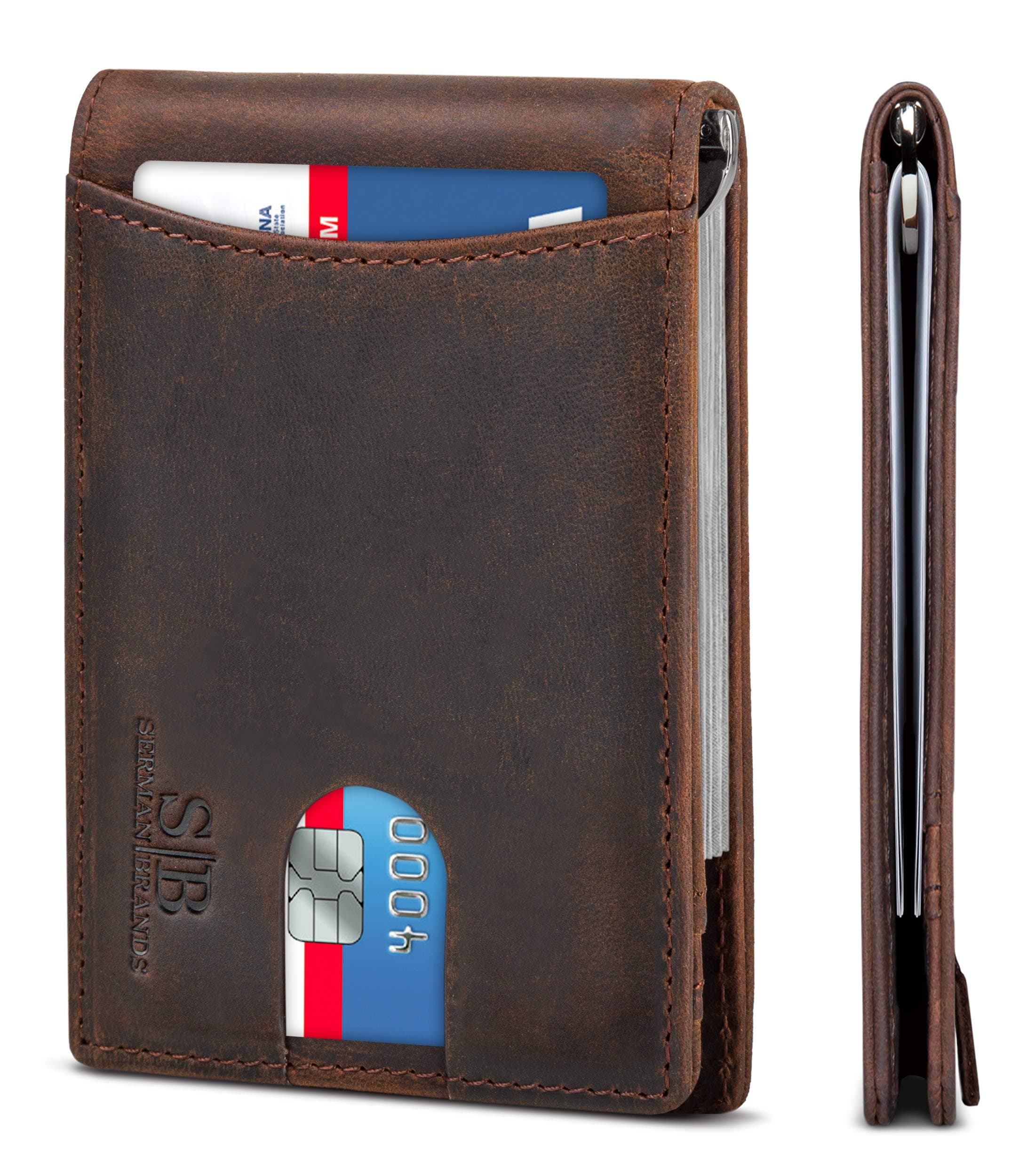 SERMAN BRANDS Travel RFID Blocking Bifold Slim Leather Thin Wallet for Men (Texas Brown 1.0)