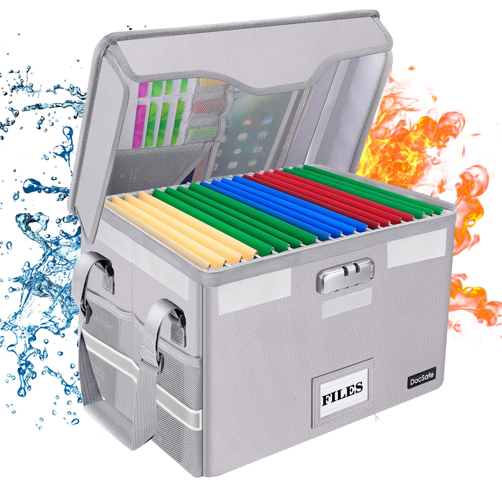 DocSafe Fireproof Document Box with Lock,File Storage Organizer with Zipper Pockets,Collapsible Portable File Box Home Office Safe Filing Cabinet with Handle for Hanging Letter/Legal Folder,Silver