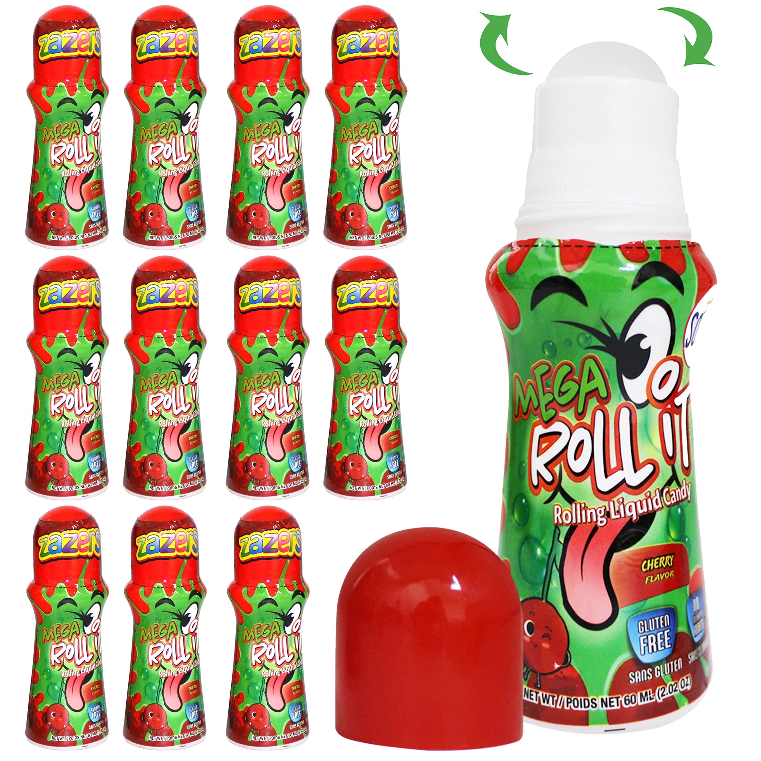 zazers Sour Rolling Liquid Licker Candy Cherry Flavored - 12 Pack of 2.03 OZ Roll-It Bottles - Gluten-Free and No Coloring Added, (Kosher NET WT 24.24 OZ, 720ml )