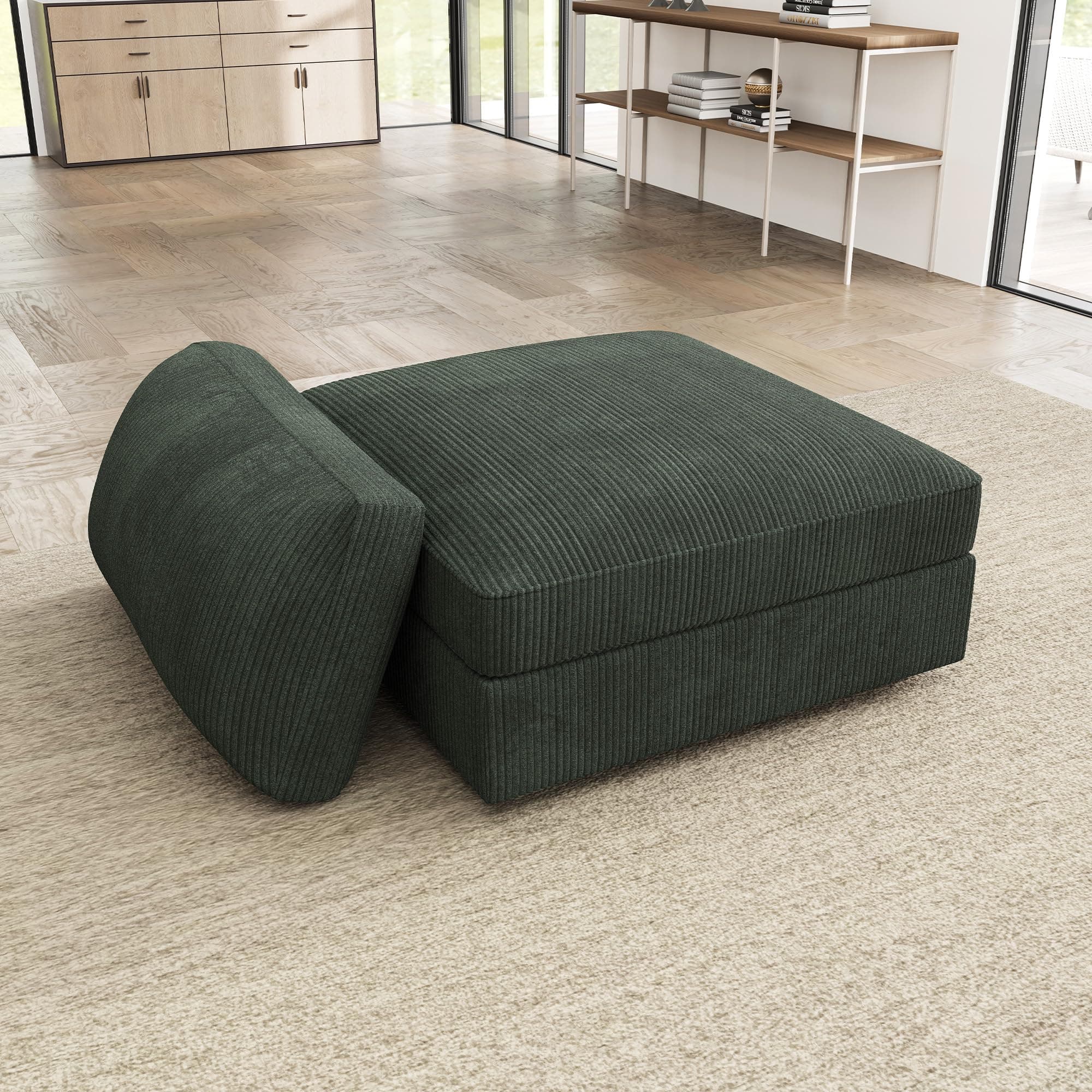 HONBAY Ottoman Module for Corduroy Modular Sectional Sofa with a Back Cushion, Storage Square Ottoman Bench for Living Room, Green