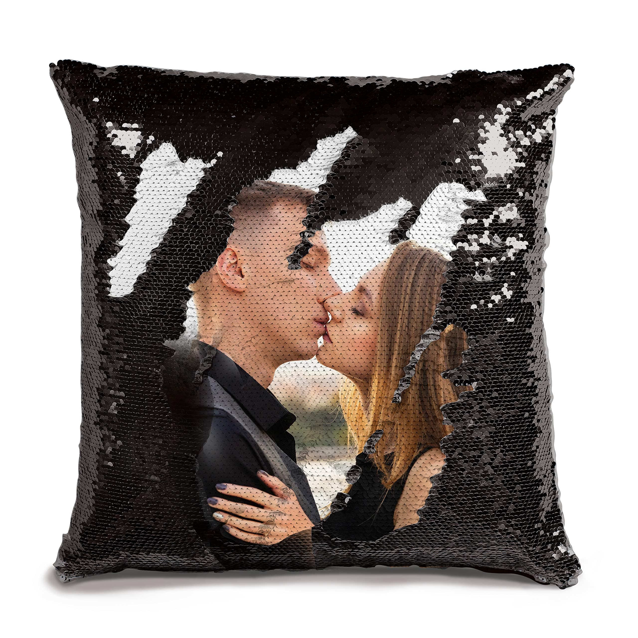 Customization Mill Custom Photo Sequin Pillow Case w Picture | Black Mermaid Sequin Pillow Case | Magic Reversible Throw Pillowcases - Personalized Gifts for Men, Women, Couples