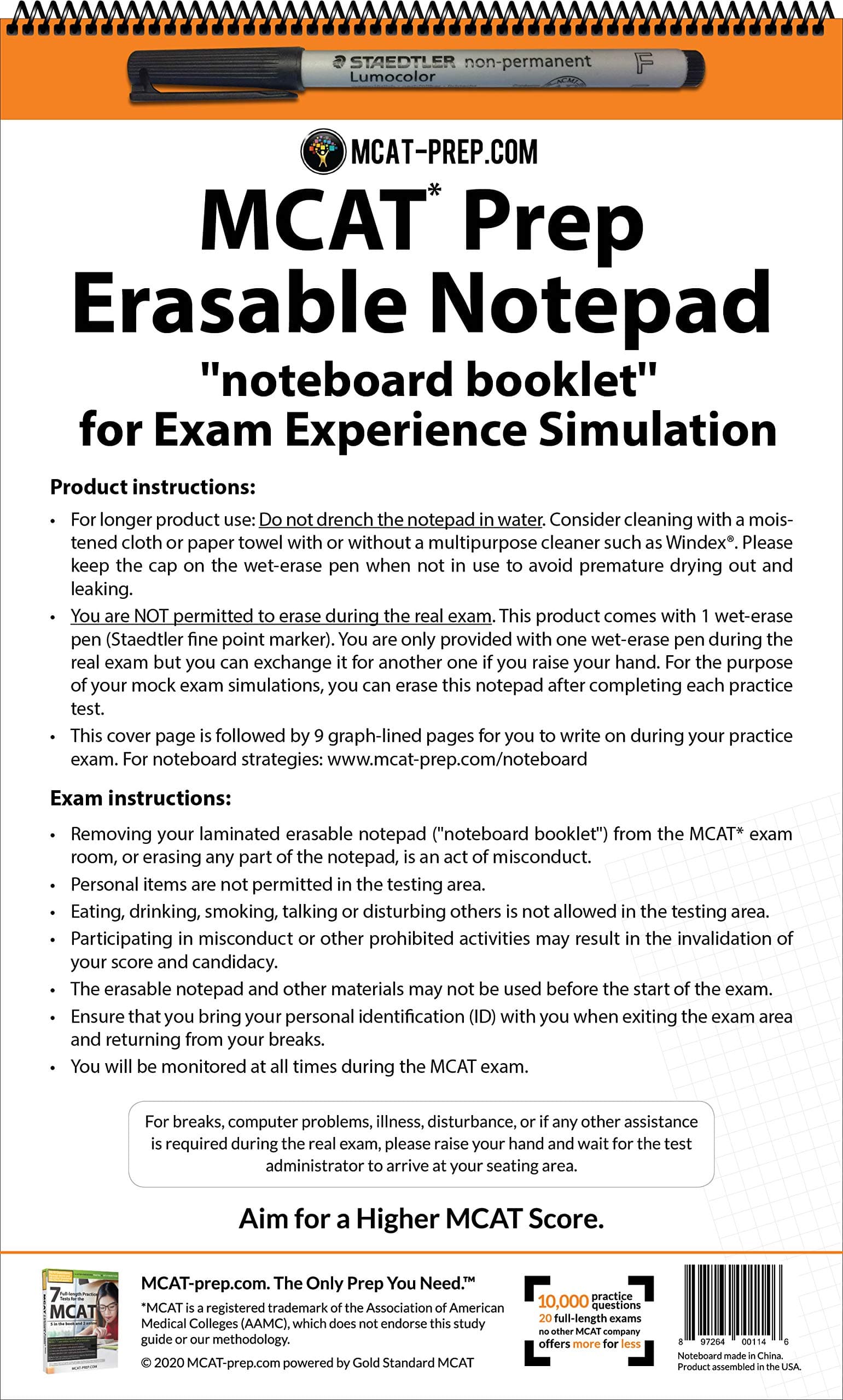 MCAT Prep Erasable Notepad/Whiteboard (noteboard booklet) with Staedtler Marker for Exam Experience Simulation