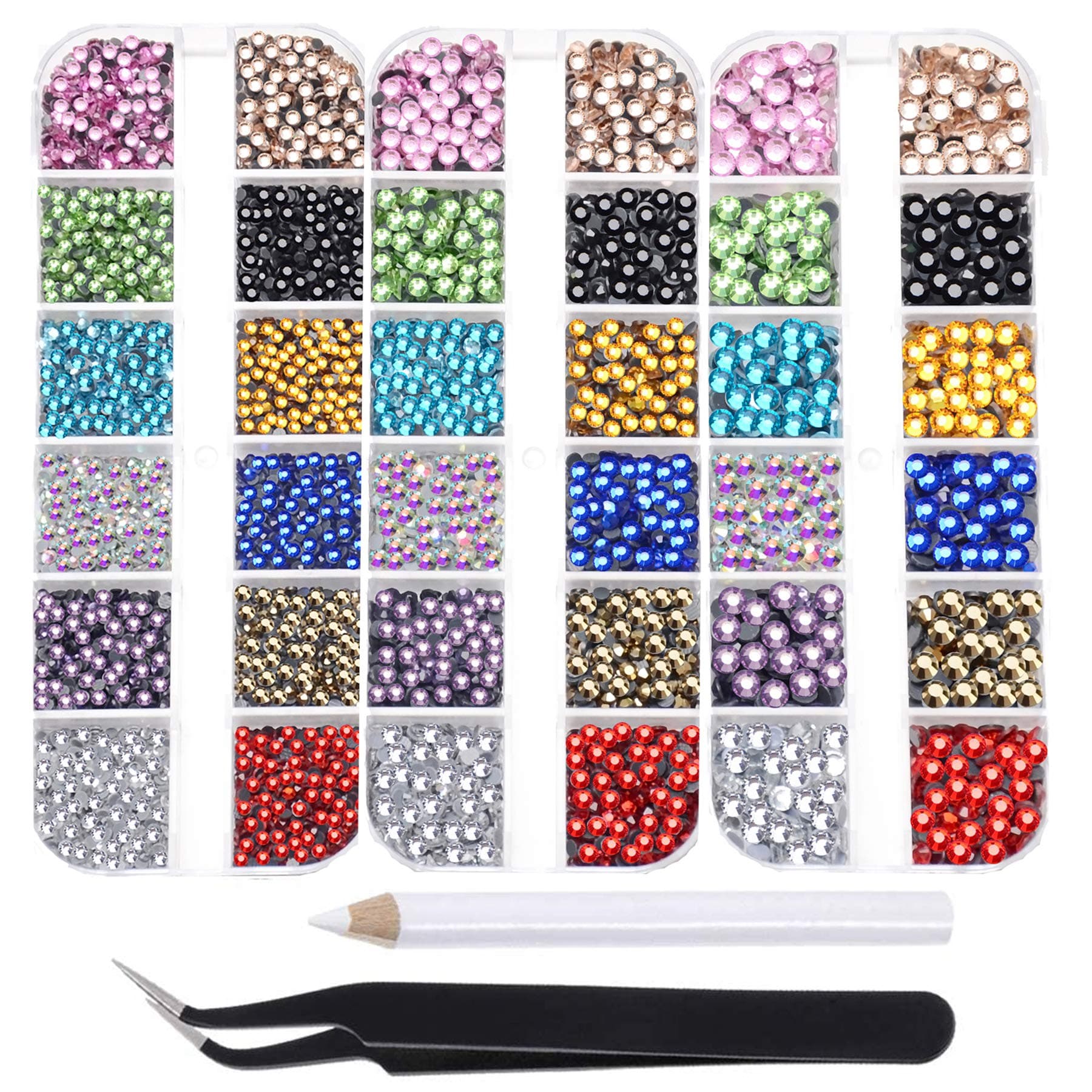 Massive Beads 10000pcs Flatback Glass Hotfix Iron On Rhinestones Crystal for DIY Making with 1 Tweezer & 1 Picking Pen for Shoes, Clothes, Face Art, Bags, Manicure (12-Colors, 3 Sizes)
