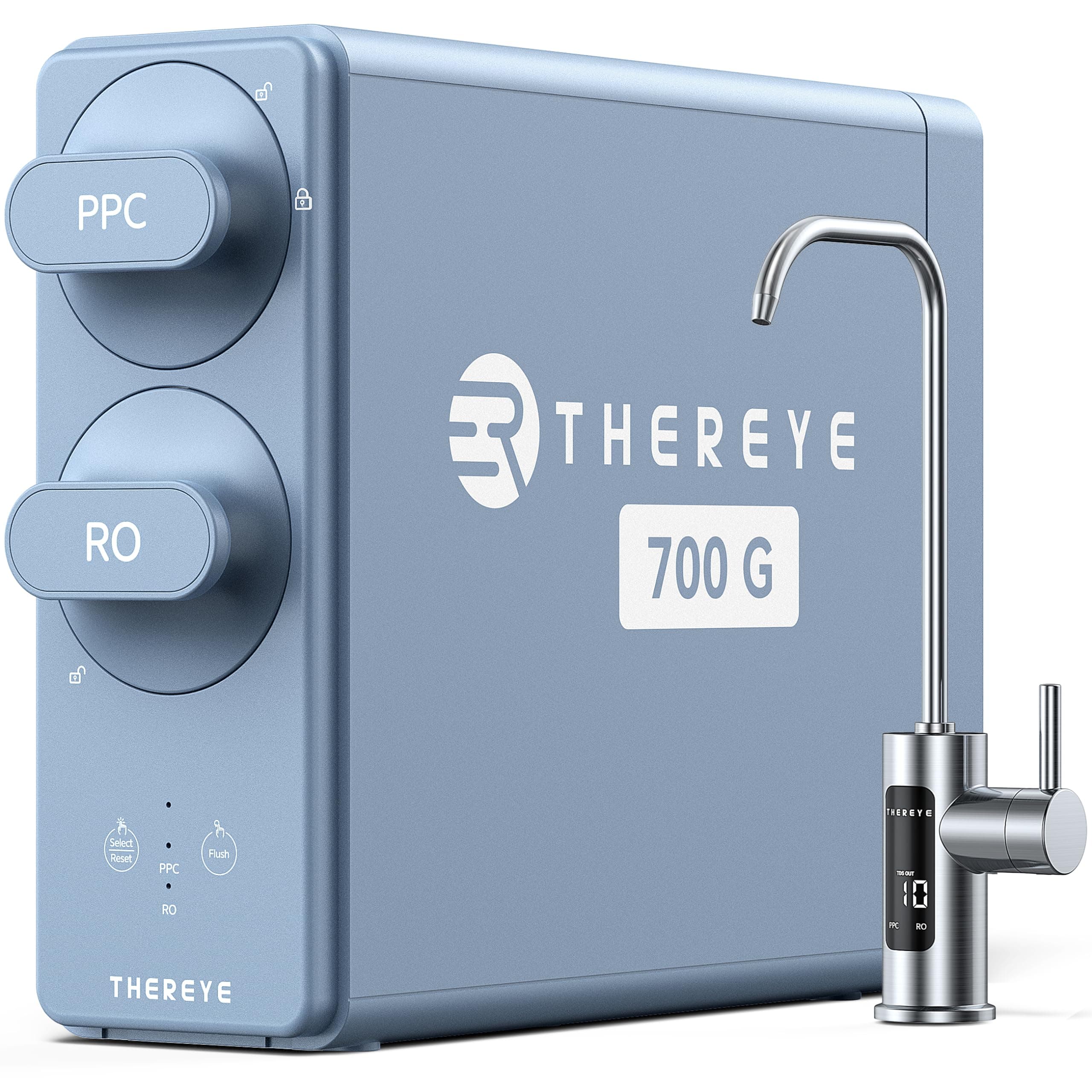 Thereye 8 Stage Reverse Osmosis System, 700 GPD Tankless Reverse Osmosis Water Filter, Under Sink RO Water Filtration System, Reduce PFAS/TDS, Smart LED Faucet, 2:1 Pure to Drain, Blue, ER-WP03