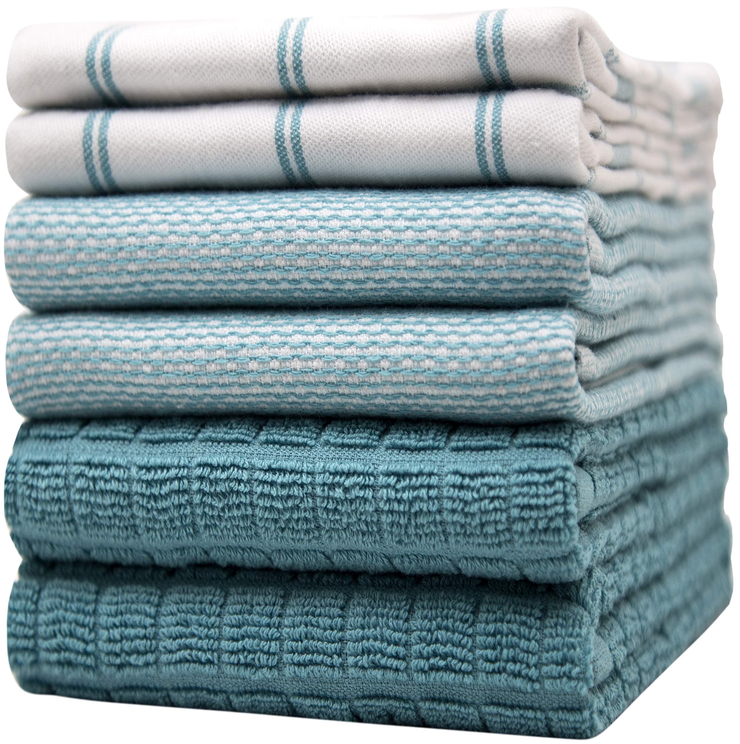 Bumble Towels Premium Kitchen (20”x 28”, 6 Pack) – Large Cotton Kitchen Hand – Flat & Terry Towel – Highly Absorbent Tea Set with Hanging Loop (Teal Check)