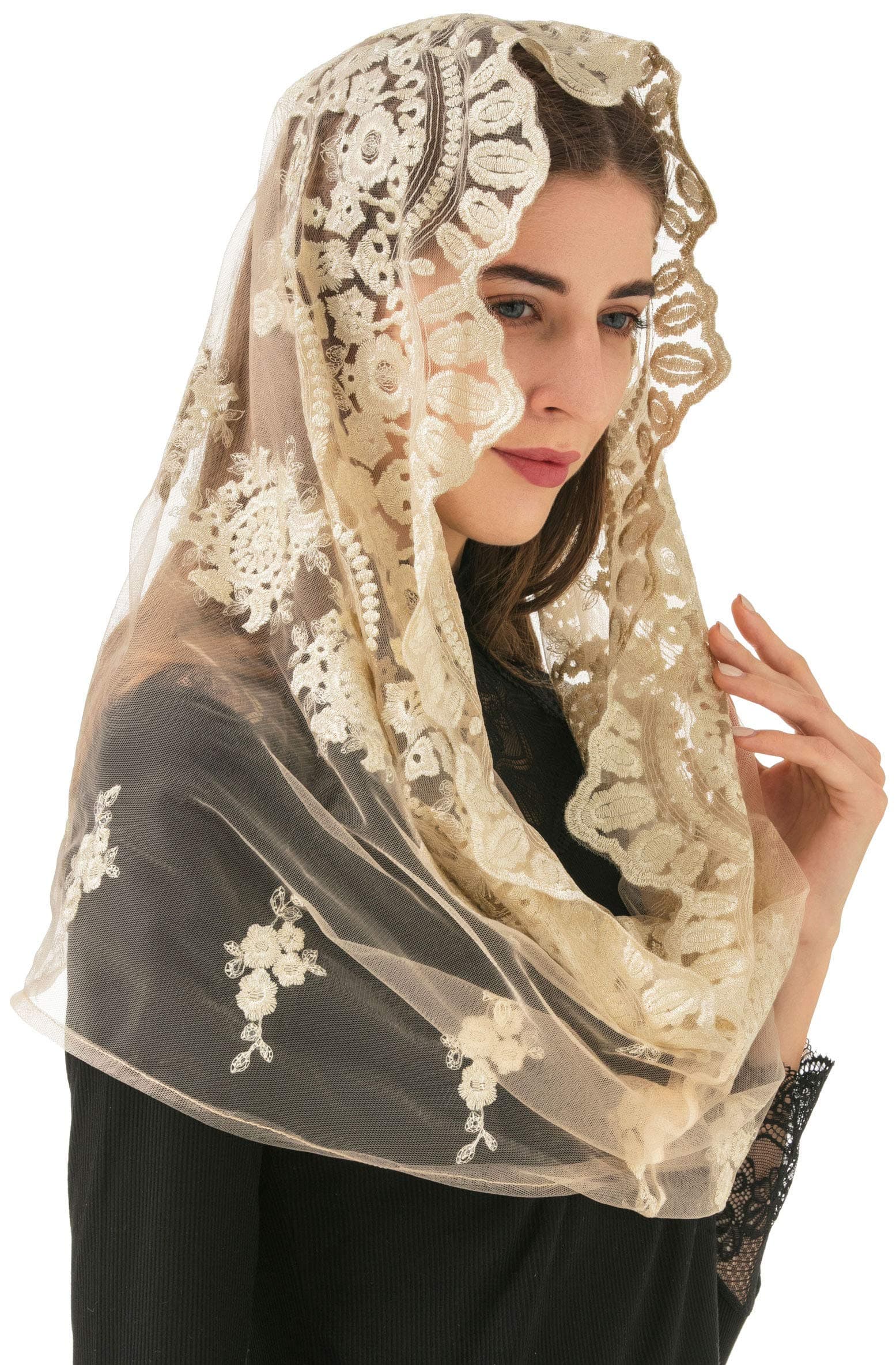 Gold Embroidered Traditional Vintage Inspired Infinity Veil Mantilla Veils Mass Head Covering