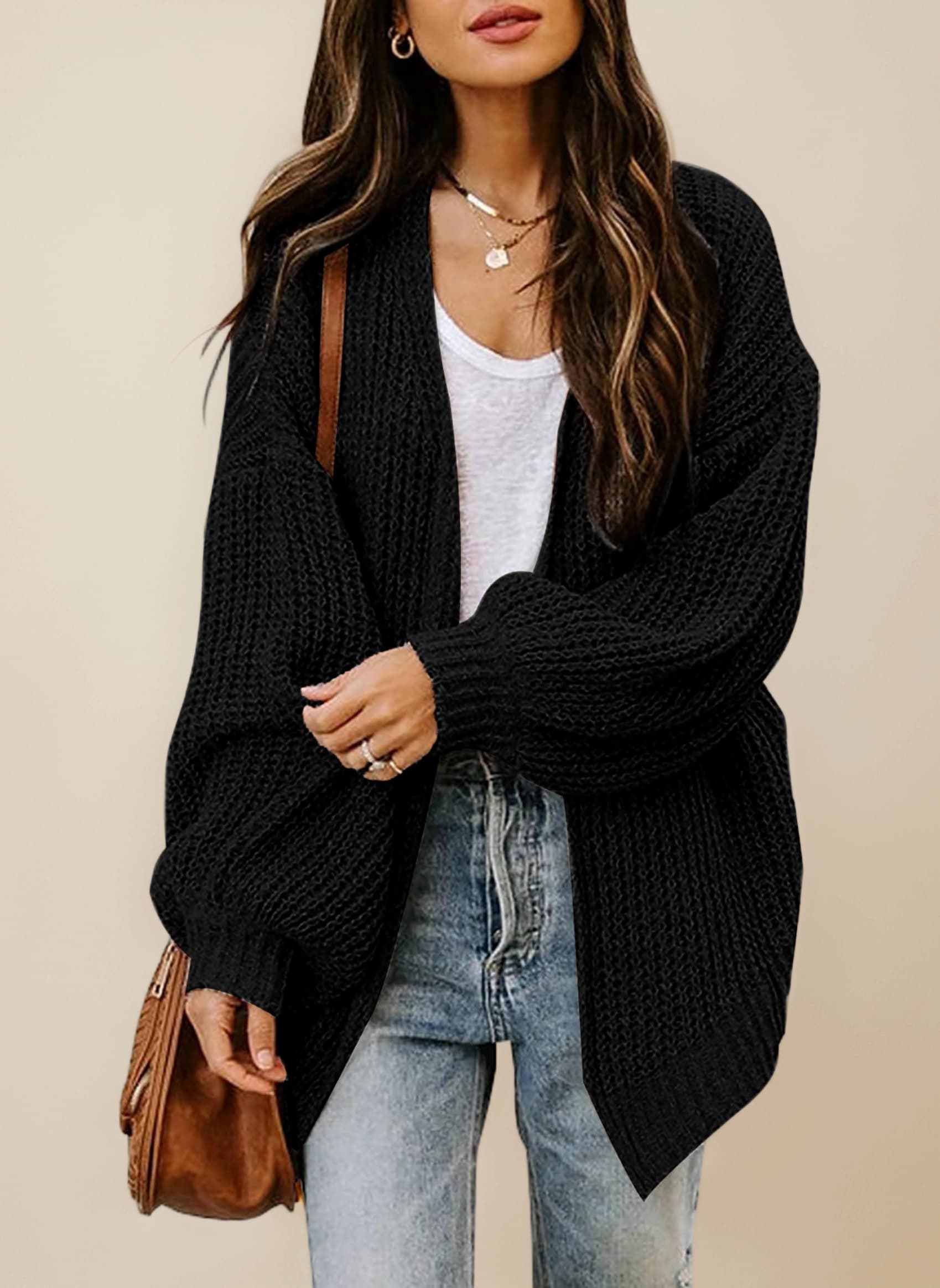 Women's Chunky Knit Open Front Sweater Long Lantern Sleeve Oversized Knitwear Cardigans