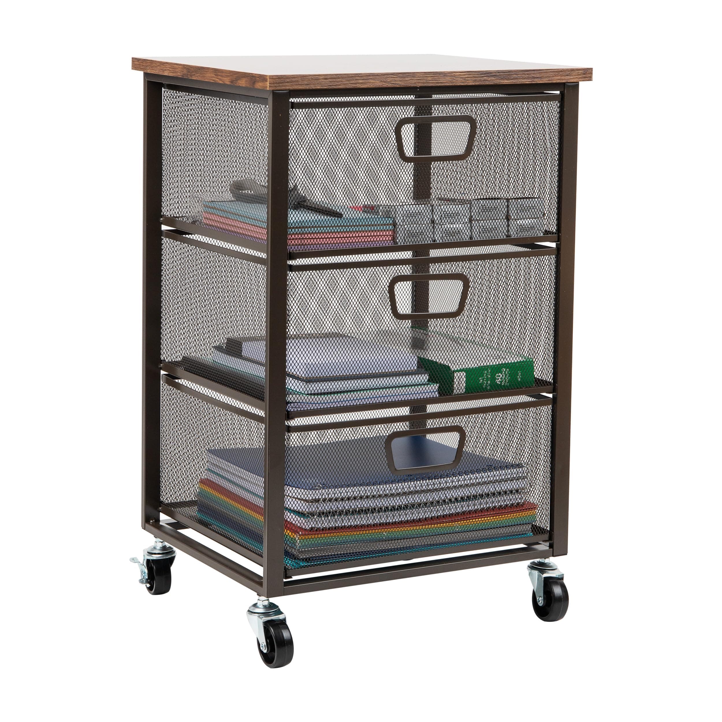 3 Drawer Storage Organizer with Wood Top, Rolling Office Organizer Cabinet with Wheels, Office, Metal Mesh, Black