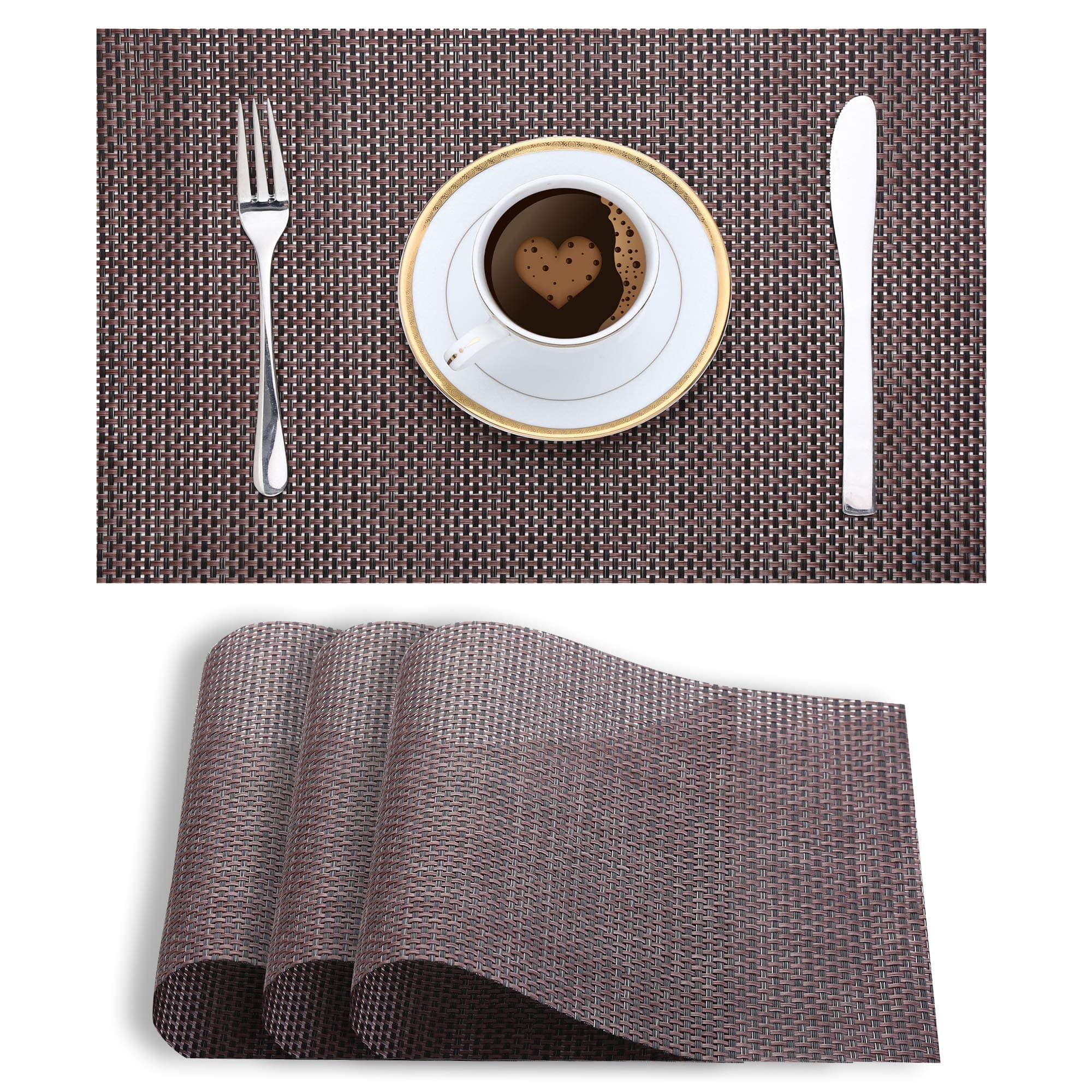 Smile Mom PVC Placemats/Mat for Dining Table Kitchen (Set of 4 Piece). Washable, Waterproof, Plastic (45 X 30 cm, Choclate Brown Weave)
