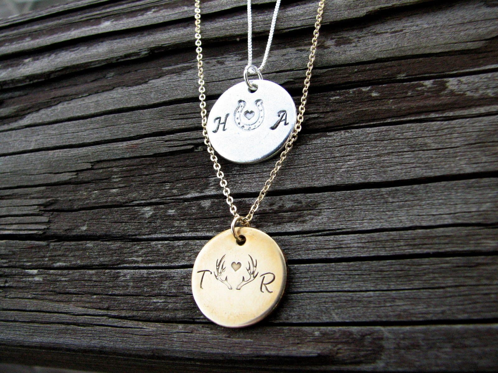 Gold Plated or Sterling Silver Personalized Couples Initial Necklace with Deer Antlers or Horseshoe