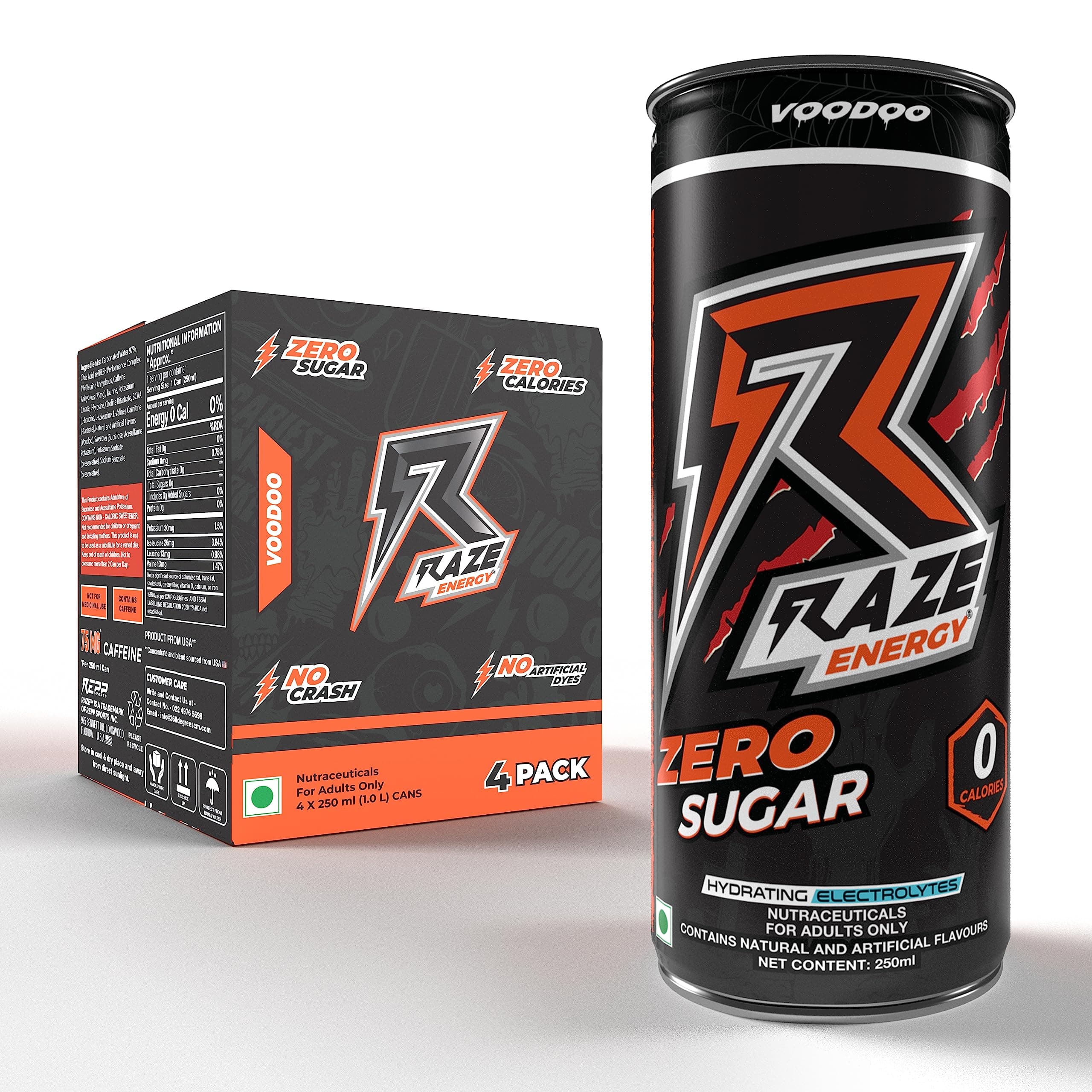 RAZE Functional Energy Drink, 75mg Caffeine, Zero Calories, Performance and Hydration (Voodoo) | Pack of 4, 250 ml each