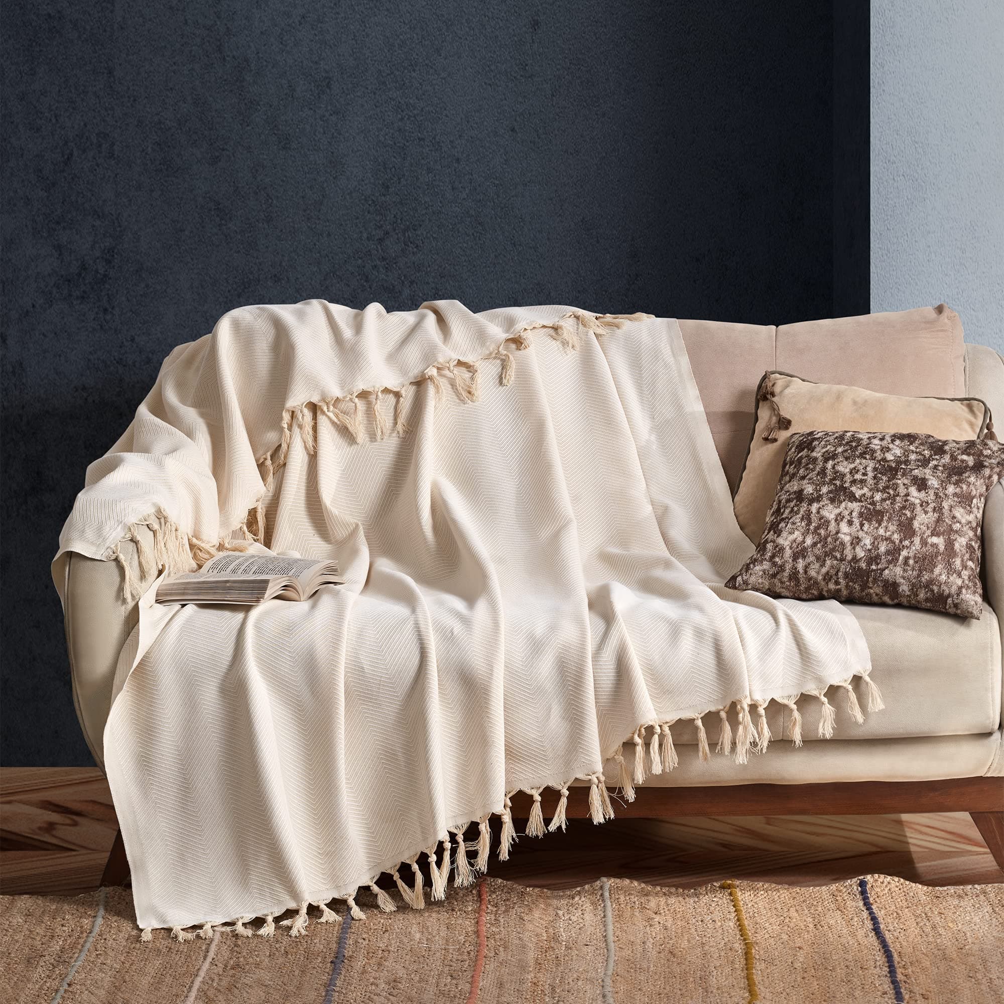 Milam LondonCotton Throw For Sofa | Herringbone Throw | Bed Throws Double Size | Summer Blanket | Outdoor Blanket And Throws | Sette Throws | 170 x 230 cm - Cream