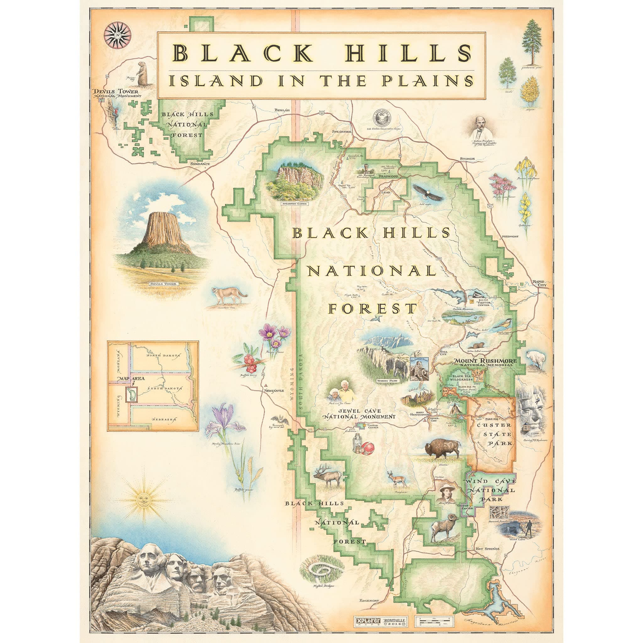 Black Hills National Forest Map Poster – Mount Rushmore & Devils Tower – 18x24 Vintage-Style Lithographic Print – Made in USA