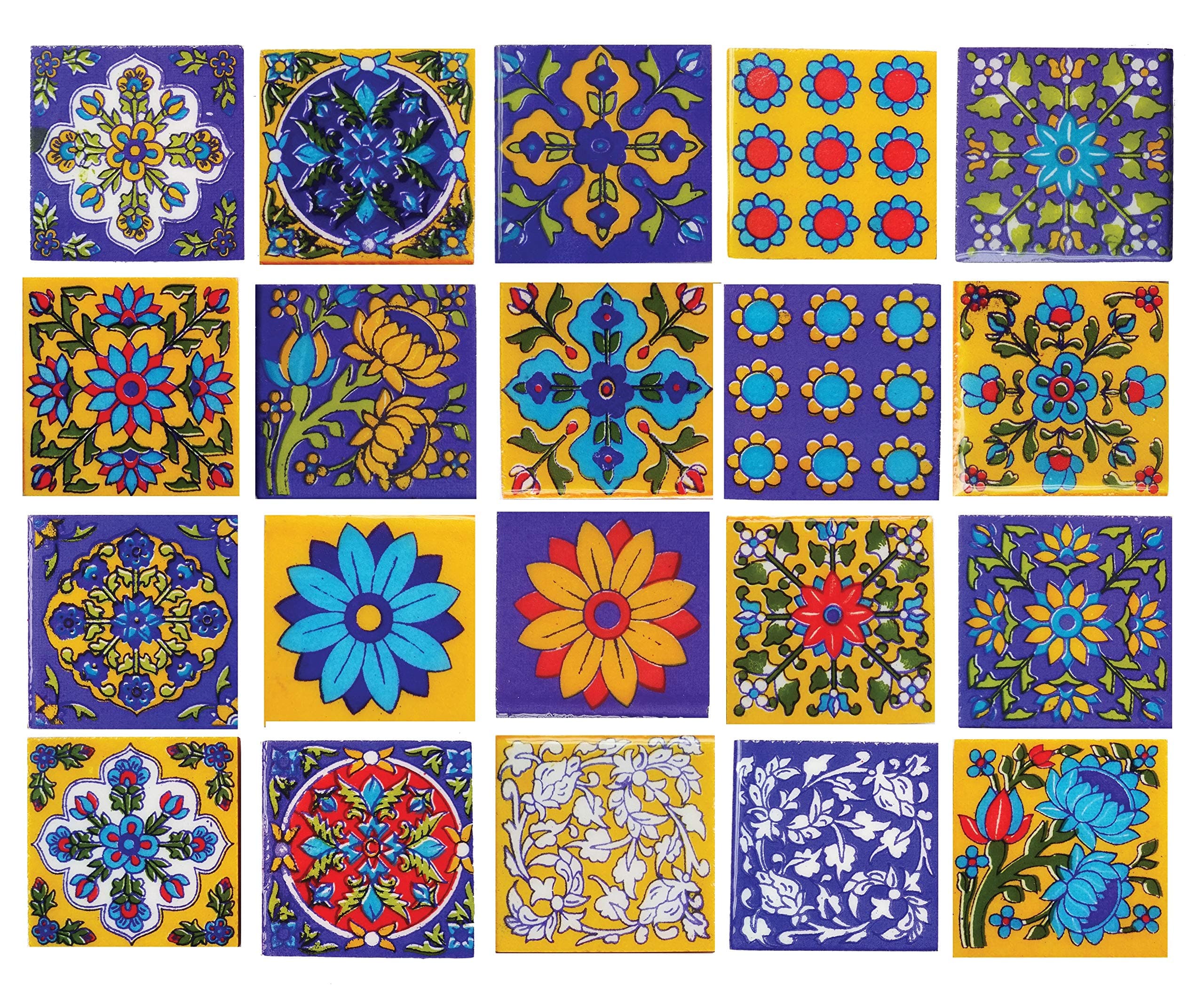 Classic Decorative Interior Exterior Crafted Tabletop Flooring Wall Ceramic 2 x 2 inch Tiles Pack of 20 Tiles (Blue, Yellow & Multi)