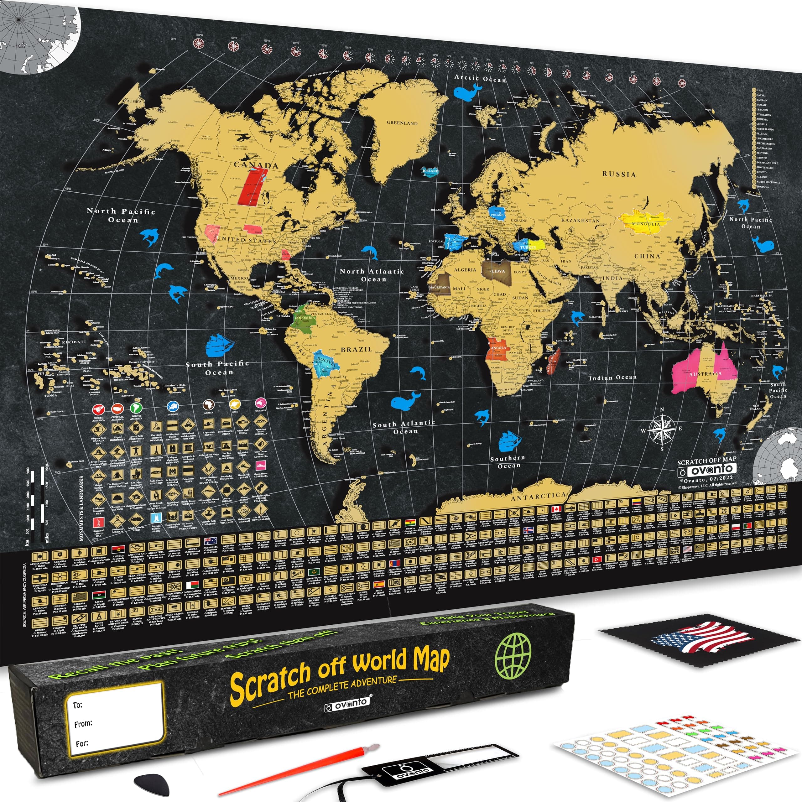 OVANTO Scratch Off World Map - 17x24 World Map Poster, The Only Travel Map with Super Easy Scratch Foil, Flags, Capitals, Population, Monuments, Landmarks, Time Zones. Extra Accessories in a Gift Box
