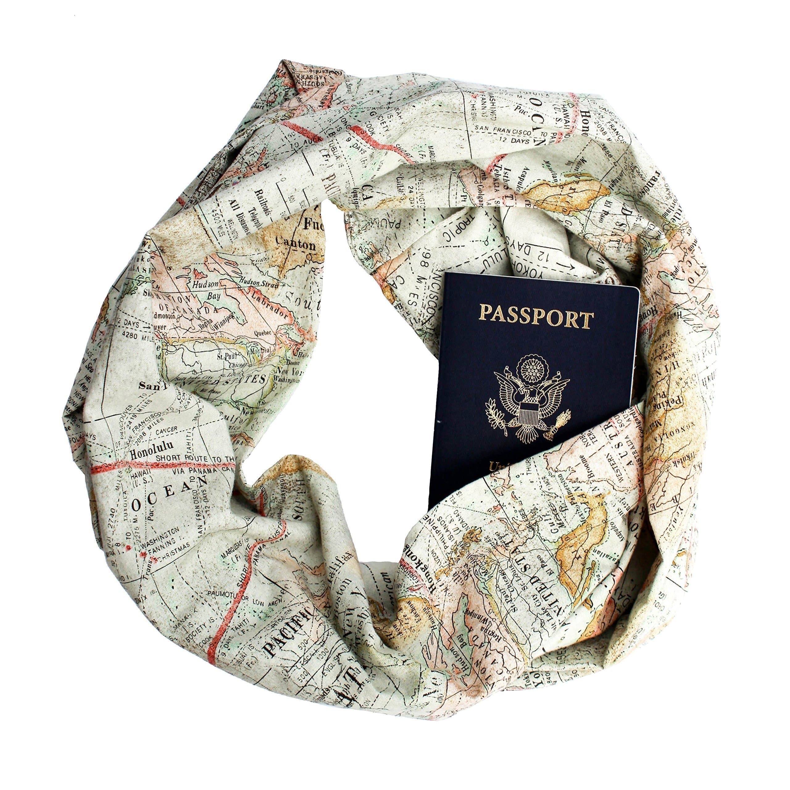 World Map Infinity Scarf with Zippered Secret Pocket