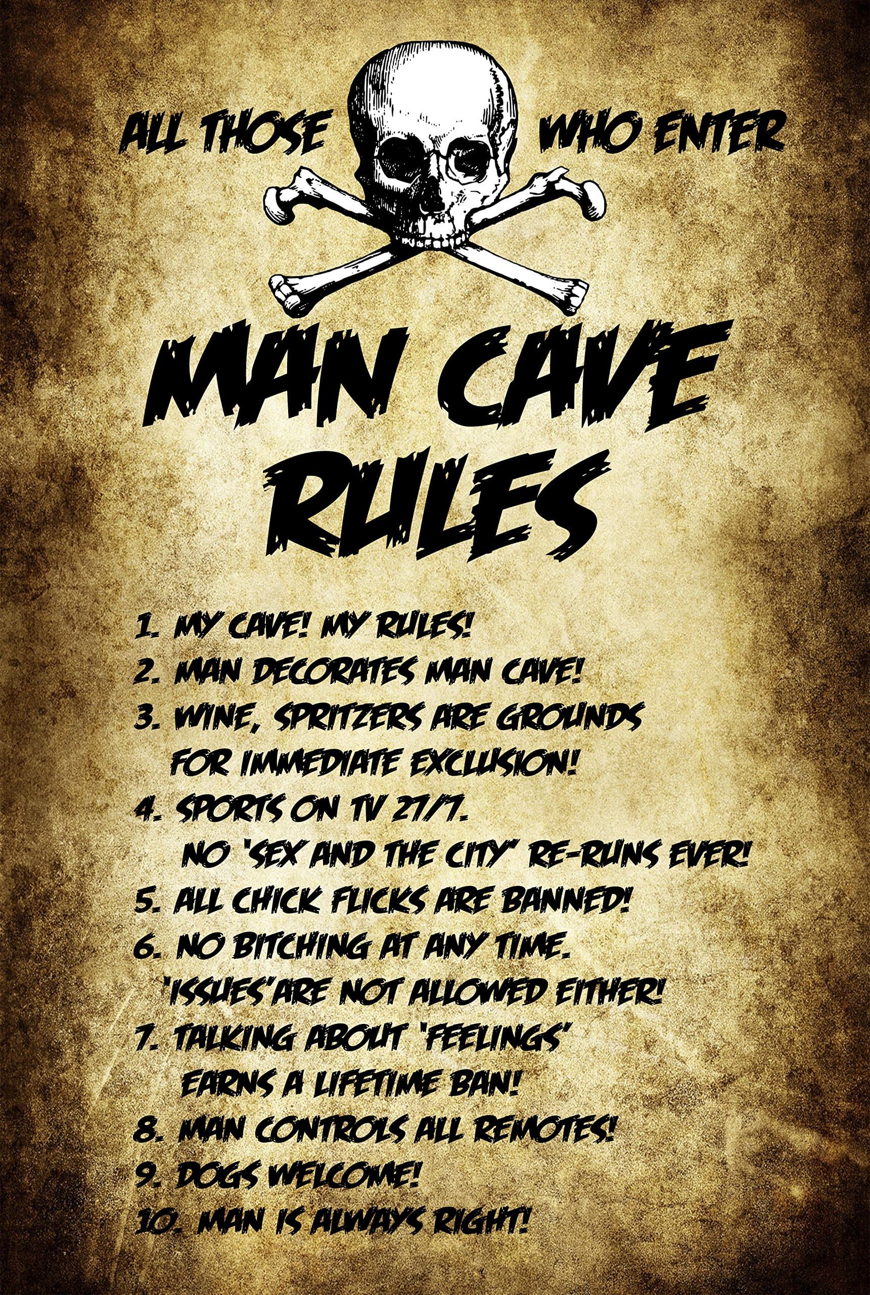 'Man Cave Rules' White Aluminium Metal Sign