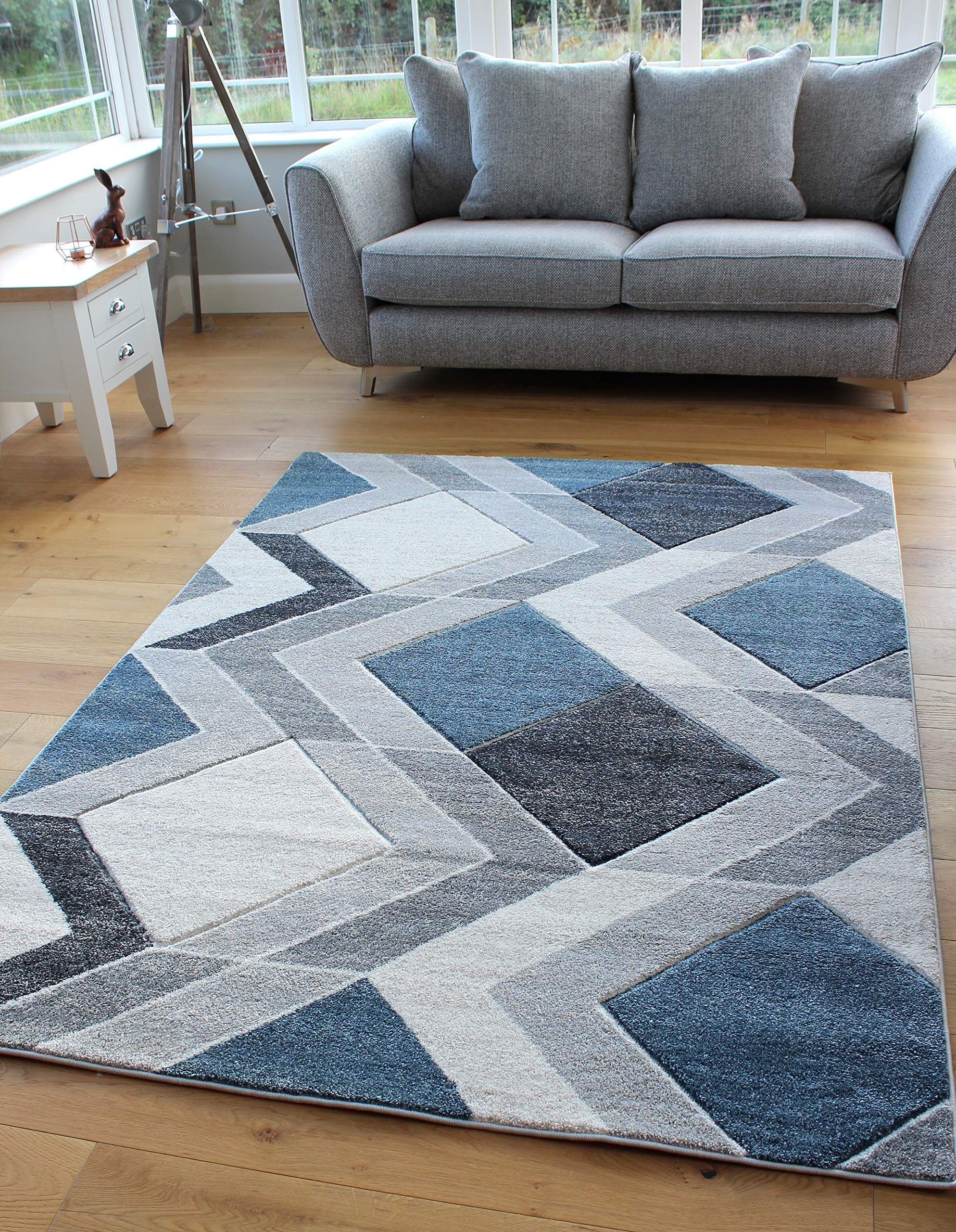 Small Large Light Blue Beige Cream Silver Grey Geometric Design Rugs Runners Mats (80x150cm)