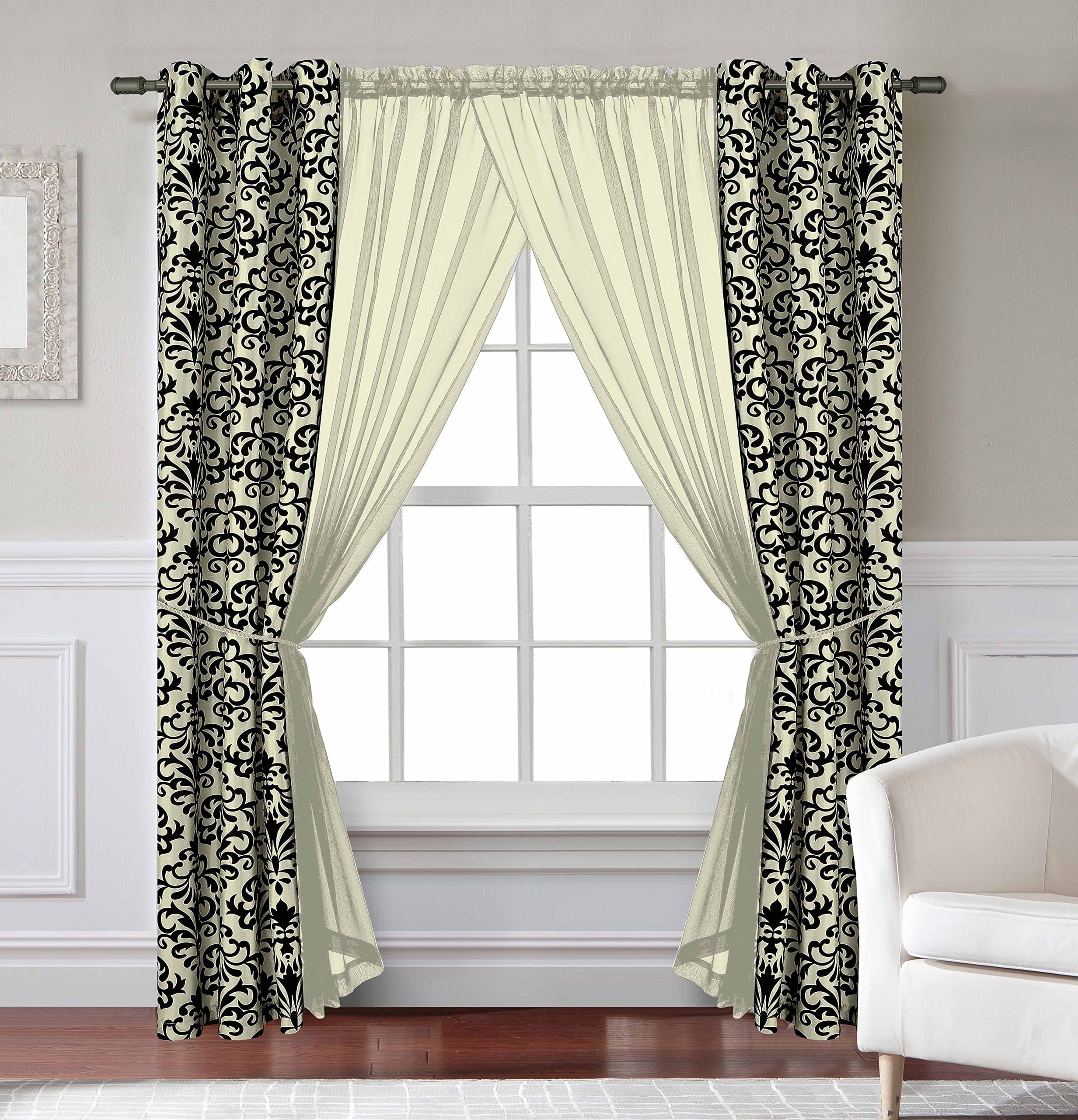 6 Pc. Window Curtain Set: Black and Ivory, 2 Panels, 2 Sheers, 2 Tie Backs (Black and Ivory)