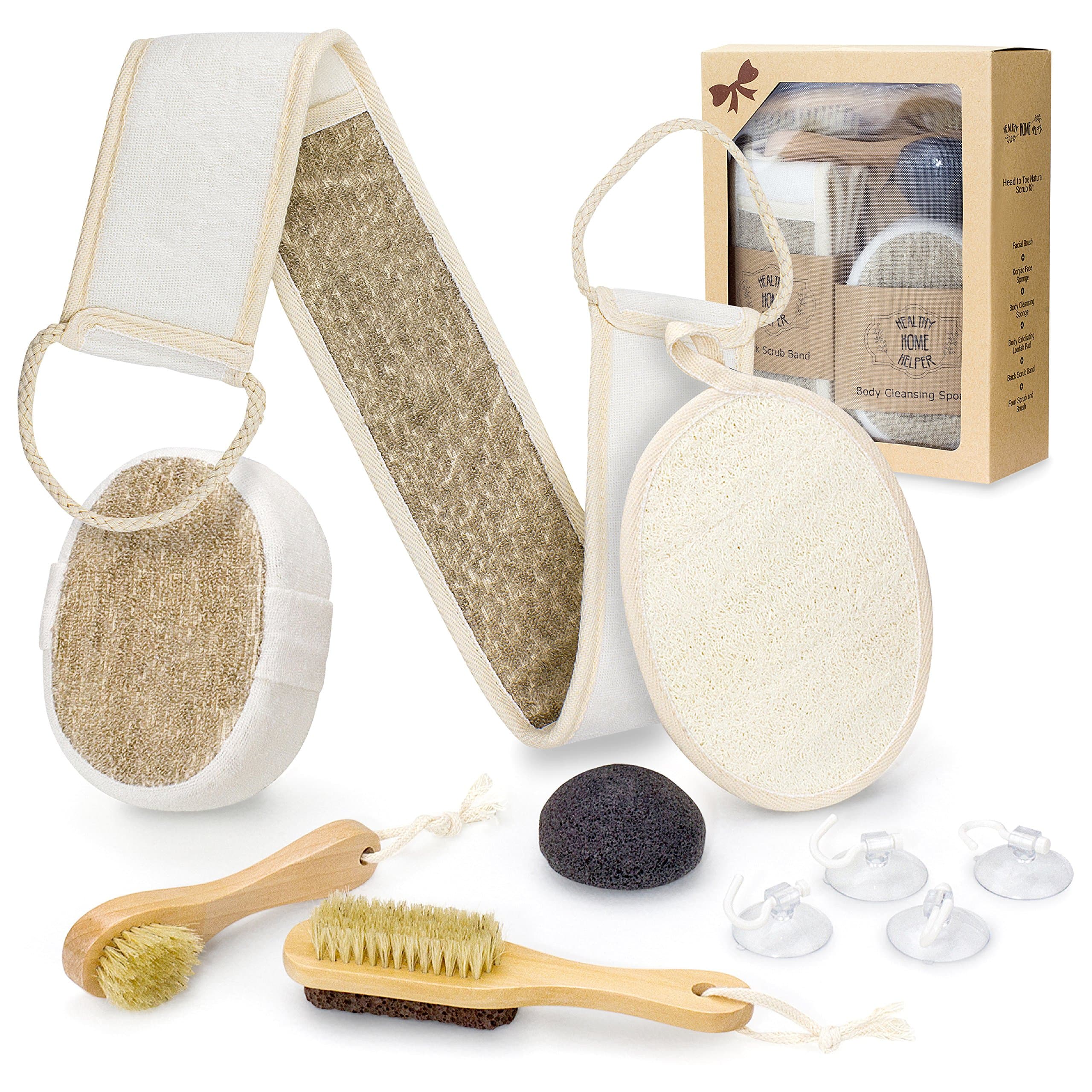 Bath Body Spa Gift Set for Home Spa - Complete Scrub Kit Accessory Includes Konjac Sponge, Loofah Pad, Back & Foot Scrubbers, Facial Brush, Pumice Stone, Body Sponge, Suction Hooks and Storage Bag