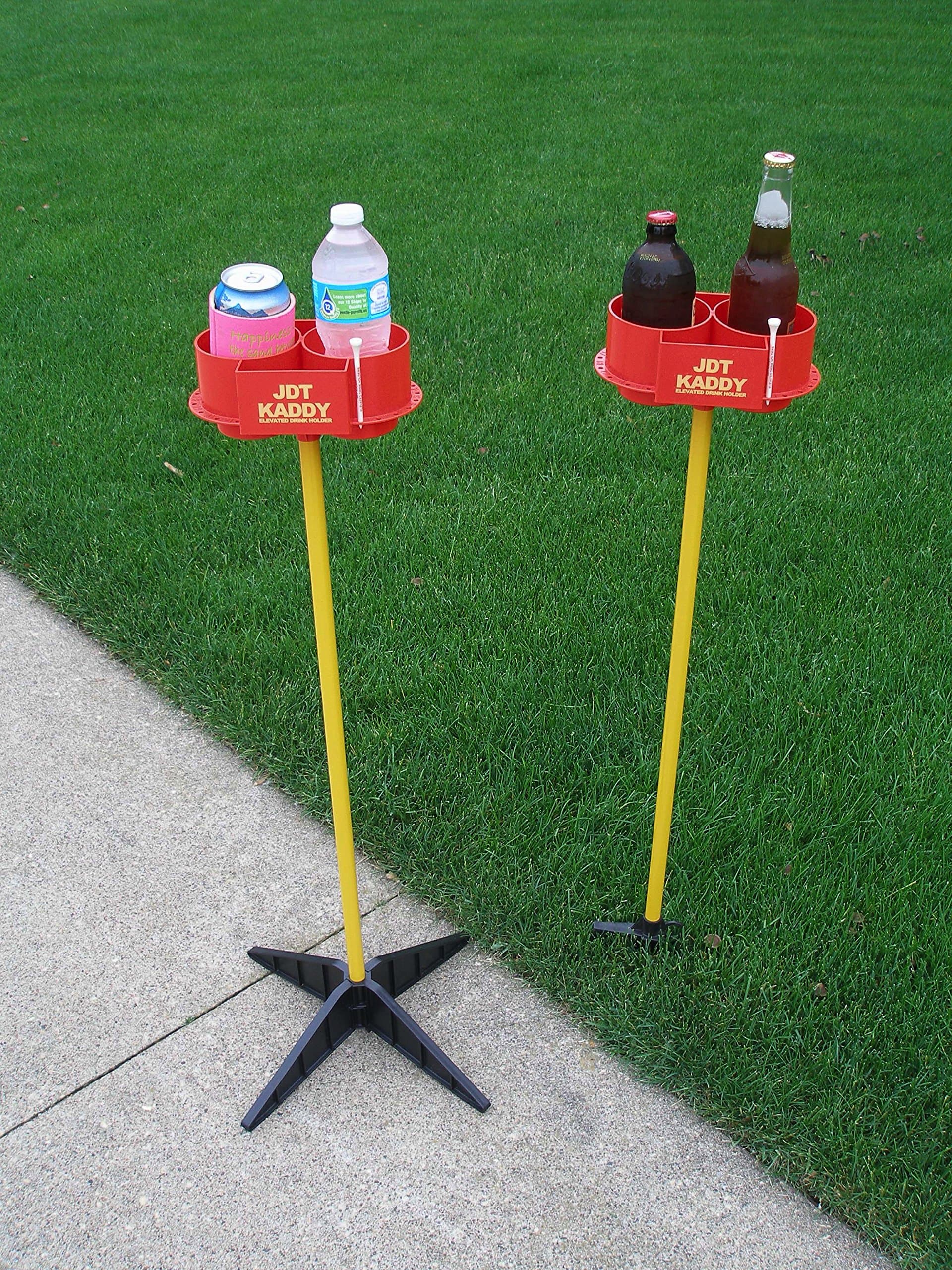 JDT Kaddy Elevated Drink Holders (Set of Two) - Comes with Both Ground Stakes and Hard Surface Stands. Great for Outdoor Games (RED/Yellow)