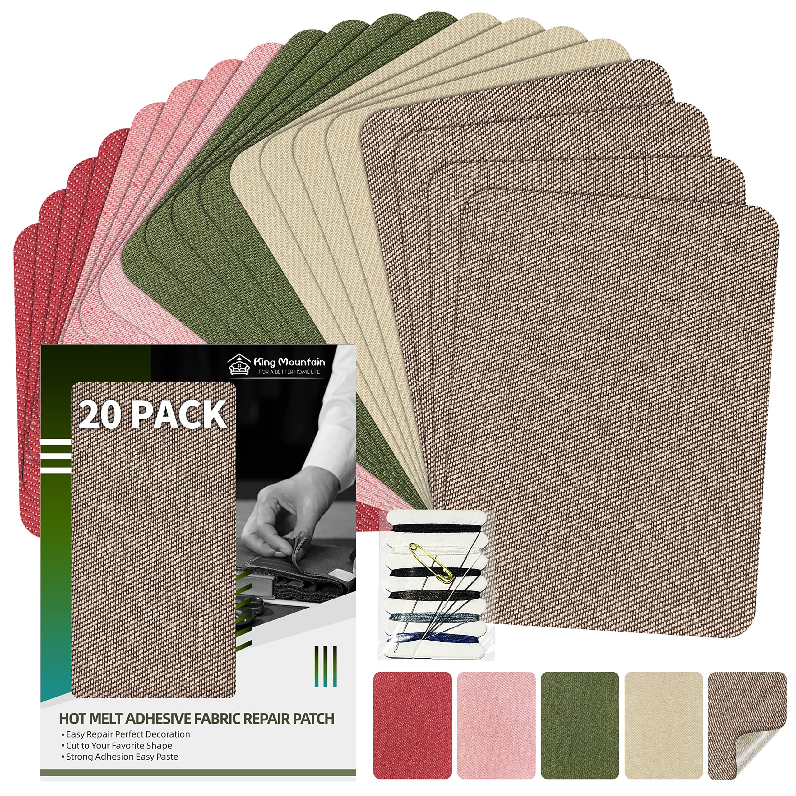 KING MOUNTAIN Iron-on Repair Patch 20 Pcs Pack,Denim Patches for Jeans Kit 3" by 4-1/4", 100% Cotton Denim Iron-on Repair Patch,Jeans and Clothing Repair and Decoration Kit (Five Color 2.0)