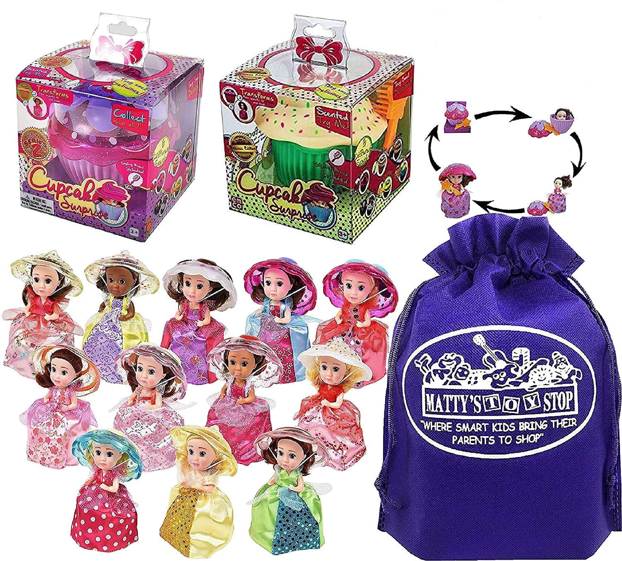 Transforming Scented Princess Dolls Gift Set Bundle with Bonus Matty's Toy Stop Storage Bag - 2 Pack (Colors & Styles are Assorted & May Vary)