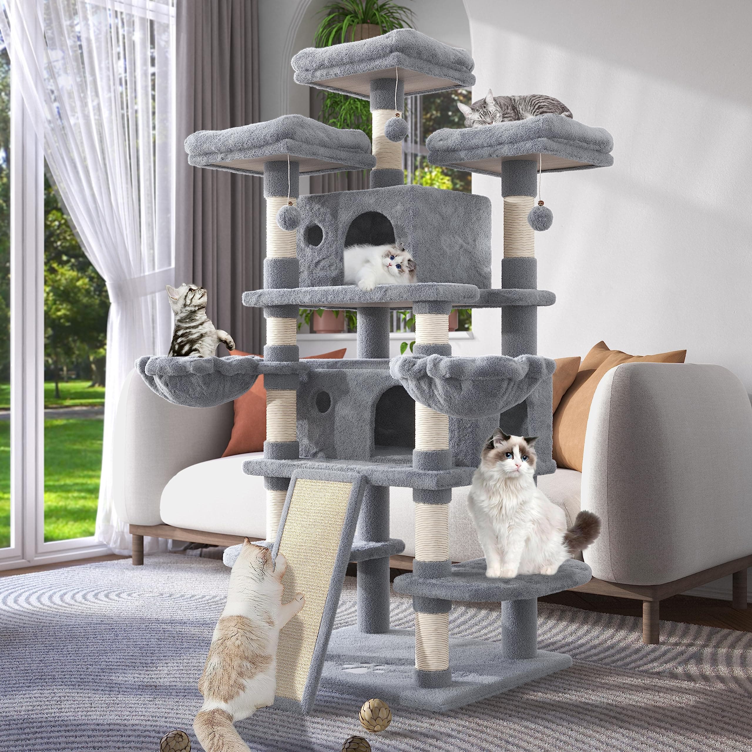 WEEWAY 68 Inches Multi-Level Large Cat Tree for Feline‌/Big Tower/Condo/Cozy Plush Kitty Perches/Fluffy Balls/Sisal Scratching Posts and Hammocks/Cave/Furniture Activity Center/Grey
