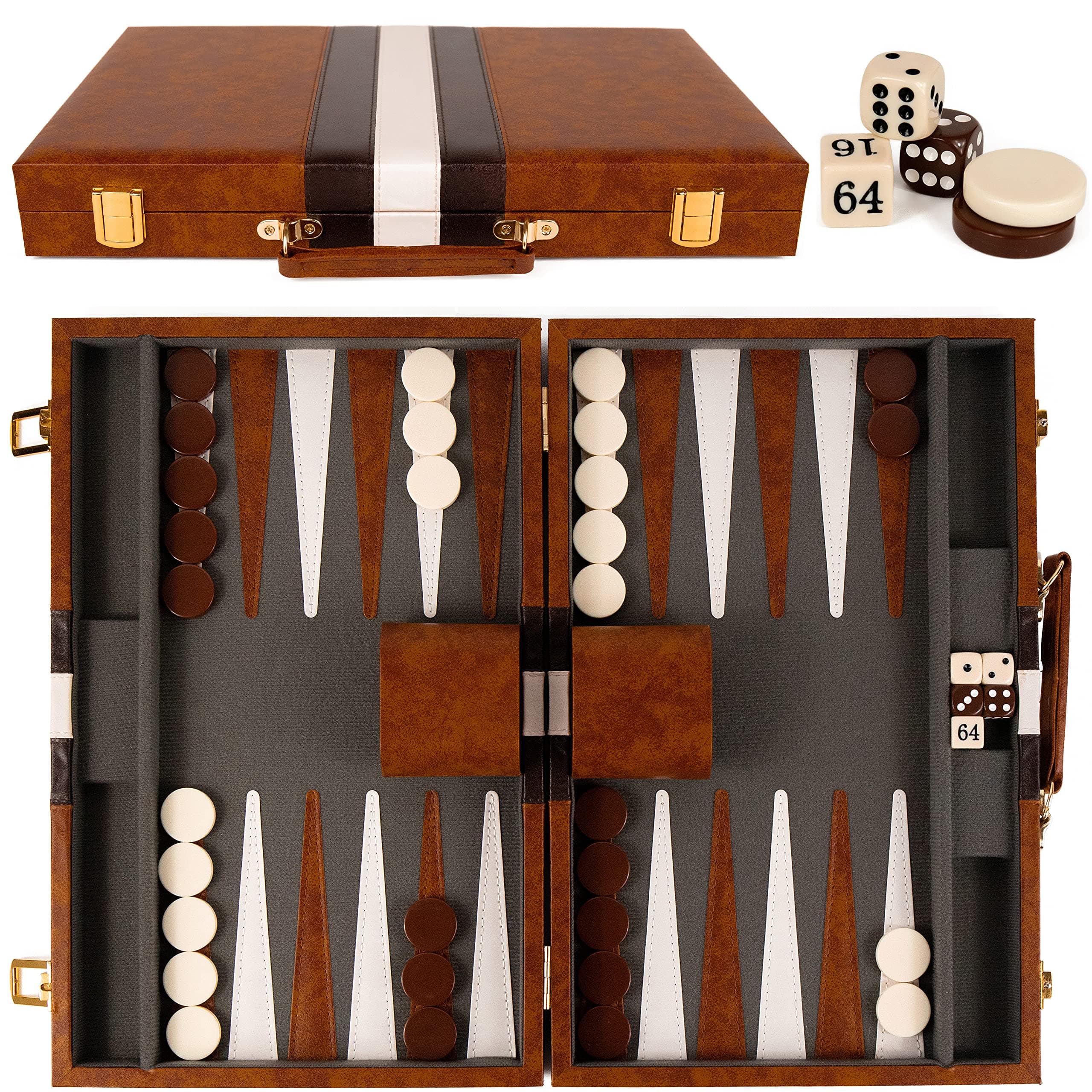 Pawnson Creations Backgammon Set - 15 Inch Classic Backgammon Board Game Sets Handheld - Backgammon Sets for Adults and Kids - Brown Faux Leather Case - Instruction