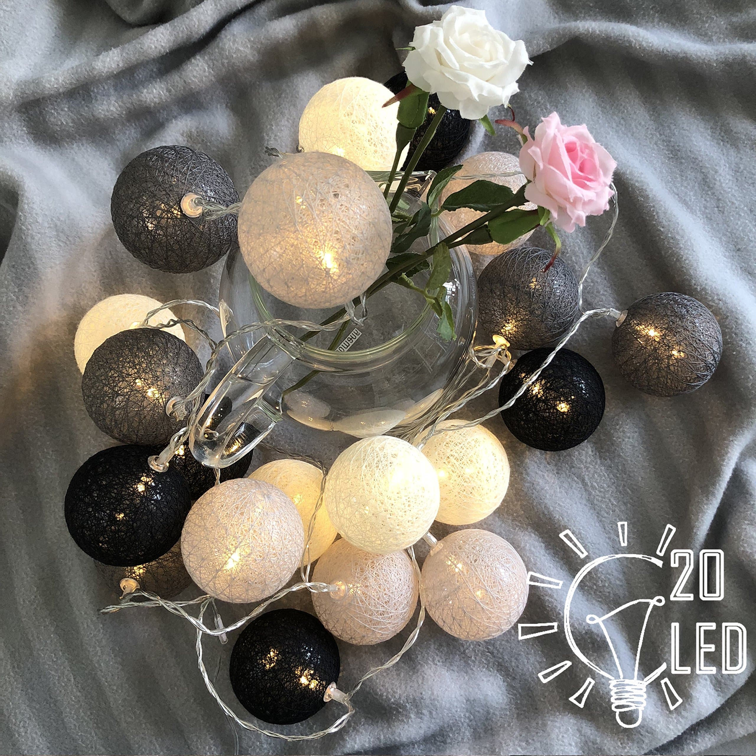 Gladworts Decorative String Lights for Living Room Globe Grey Bedroom Decor Balls, Battery Operated Indoor Light for Home Decor, 10ft