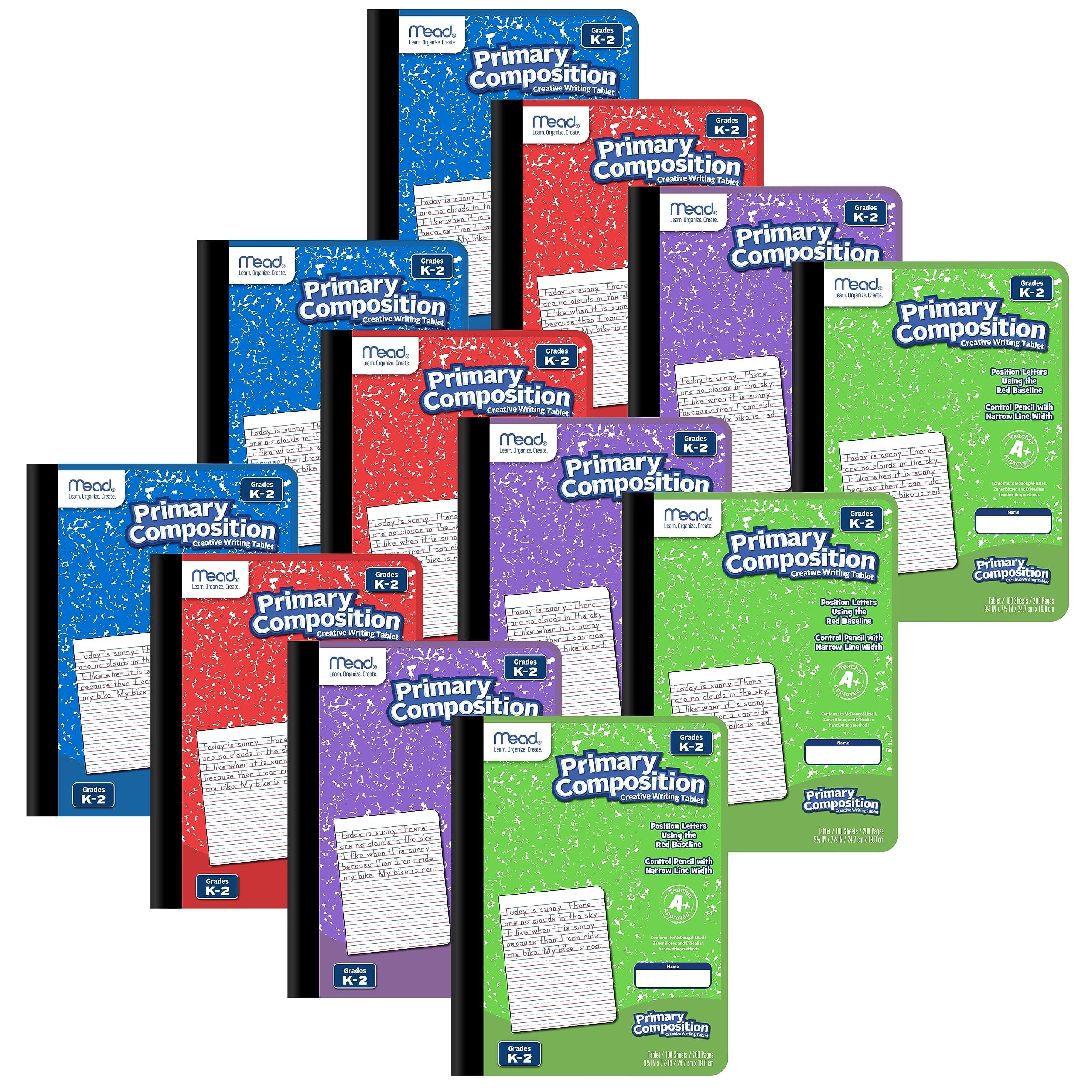 Mead Primary Composition Book, Primary Ruled Journal, Grades K-2, 7-1/2" x 9-3/4", 100 Sheets per Comp Book, Colors Will Vary, 12 Pack (610054-ECM)