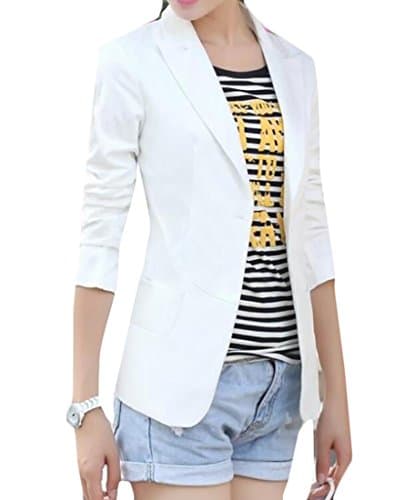 MU2M Women's Work Office Notch Lapel One-button Slim Fit Blazer Jacket White US XL